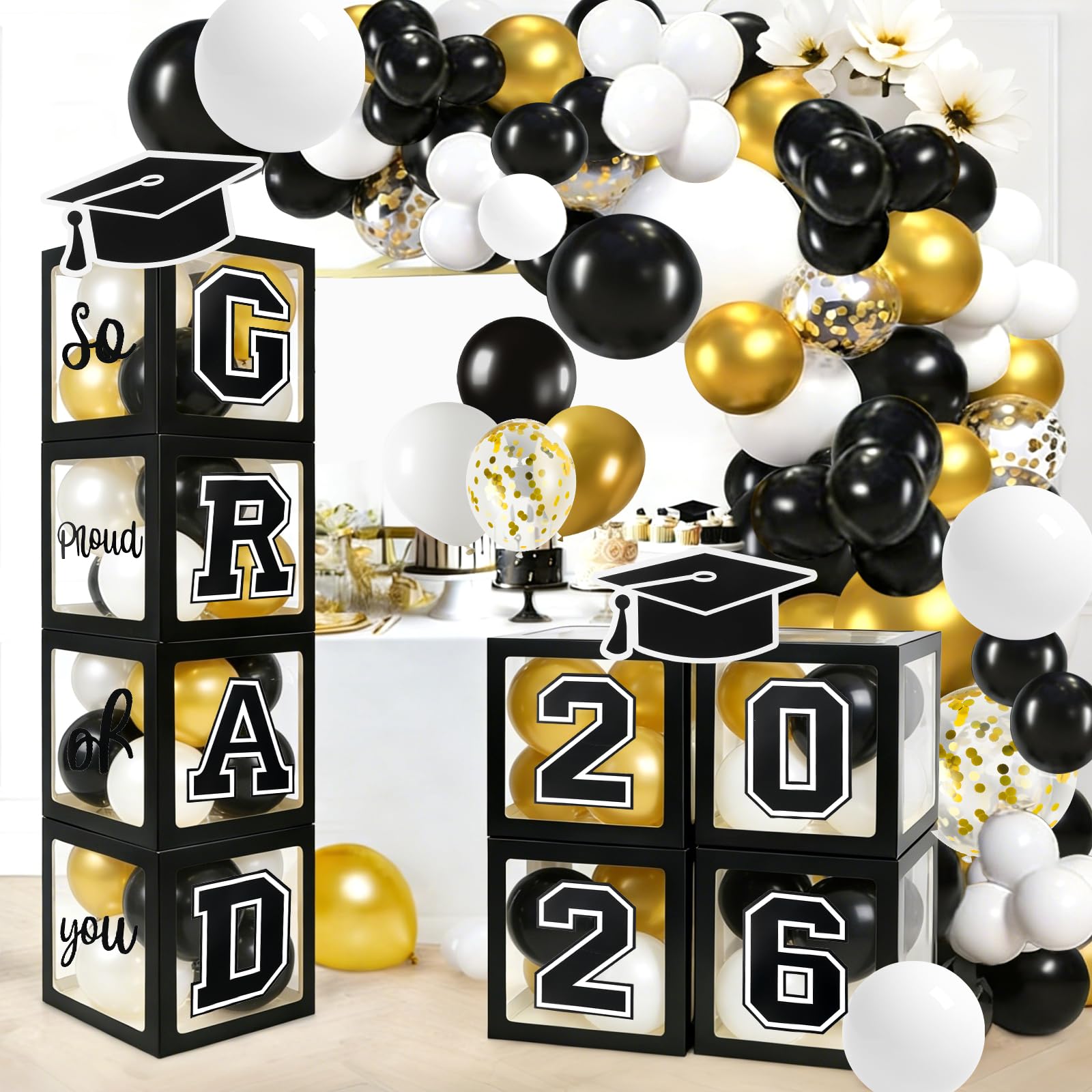 Graduation Decorations 2026 Graduation Party Decorations Set of 4 Boxes with 129pcs Balloons Arch Garland Kit Party Supplies for Any Grades Black