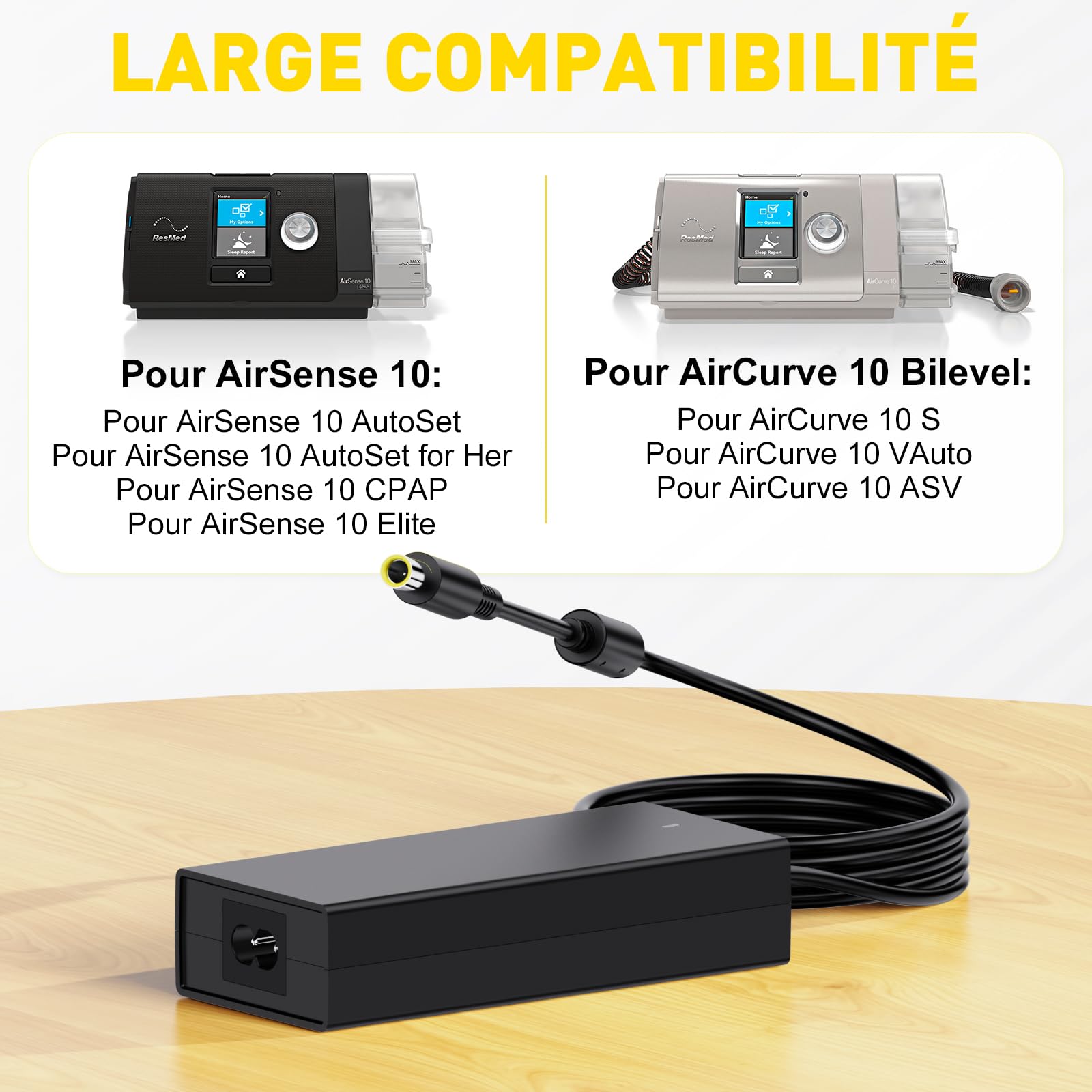 90W 12V-24V DC Chargeur de Voiture Compatible avec Resmed AirSense 10 CPAP Elite AutoSet, AirCurve S10 10 370001, AirStart 10 CPAP BiPAP Machines, 90W AC Adaptateur Alimentation pour Resmed