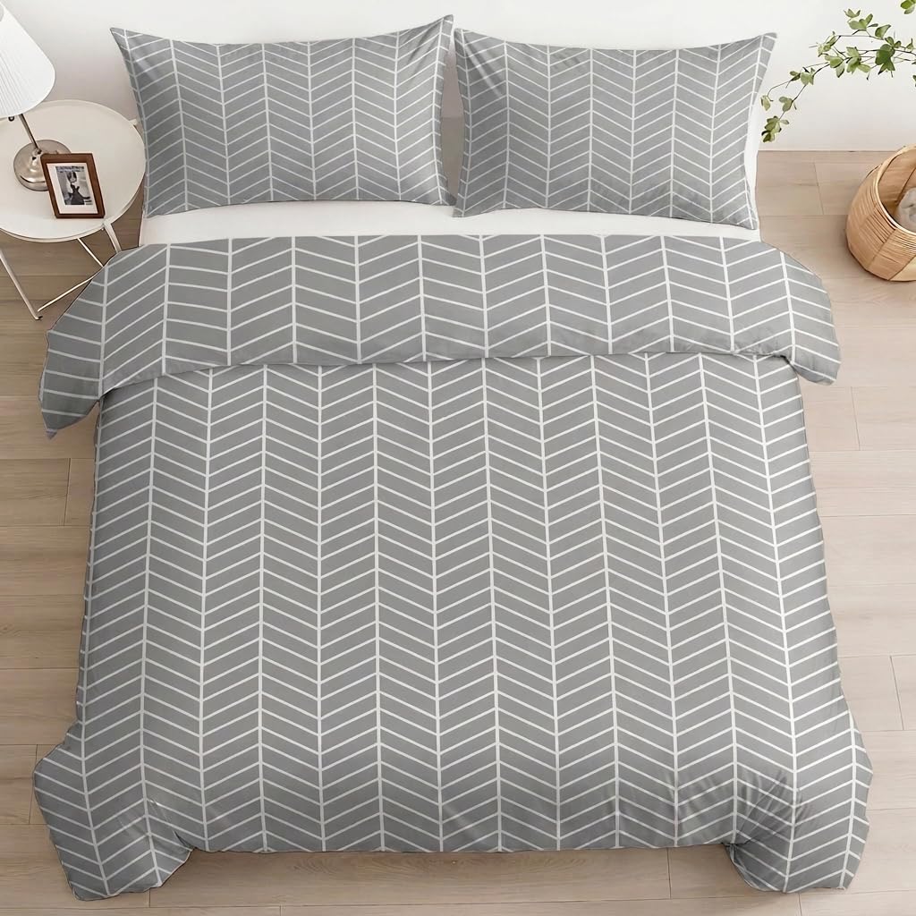 Graue Bettwäsche-Sets 180x200 cm Geometrisch Gestreift, Wendebettwäsche Weiche Mikrofaser Allergiker 3 Teilig Bettbezug mit Reißverschluss, Moderner Deckenbezug mit 2 Kissenbezügen 80x80 cm