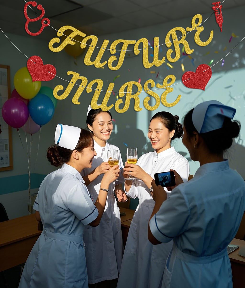 Future Nurse Banner,Congrats Nurse Graduation Party Decoration,Class Of 2025 Nurse School Graduation Party Supplies Gold Red - Image 3