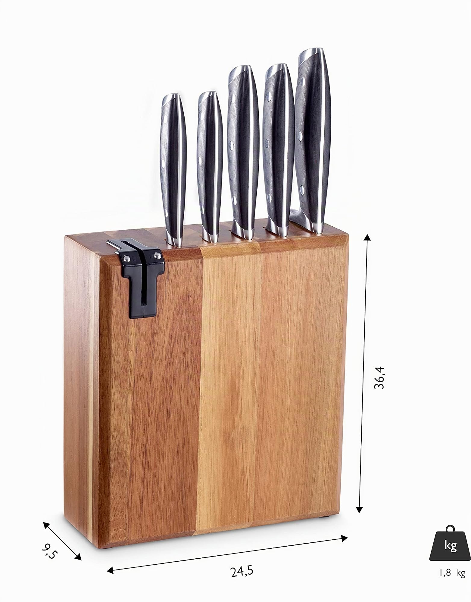 ECHTWERK Messerblock/ Küchenmesser-Set aus Akazienholz mit rutschhemmenden Gummifüßen, Inkl. Integriertem Messerschärfer, Messer aus Klingenstahl, 6tlg.