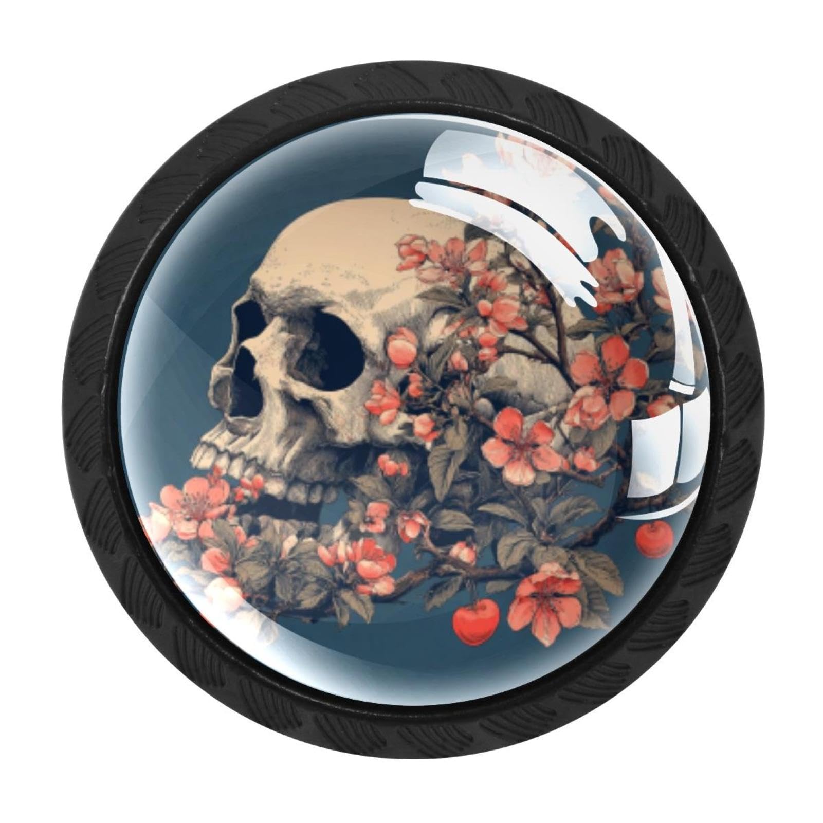 CHENZZZZ 4 pcs Vintage Skull and Flowers Cherry Cabinet Knobs Crystal Drawer Pulls for Kitchen, Bathroom Cabinet, Dresser and Cupboard