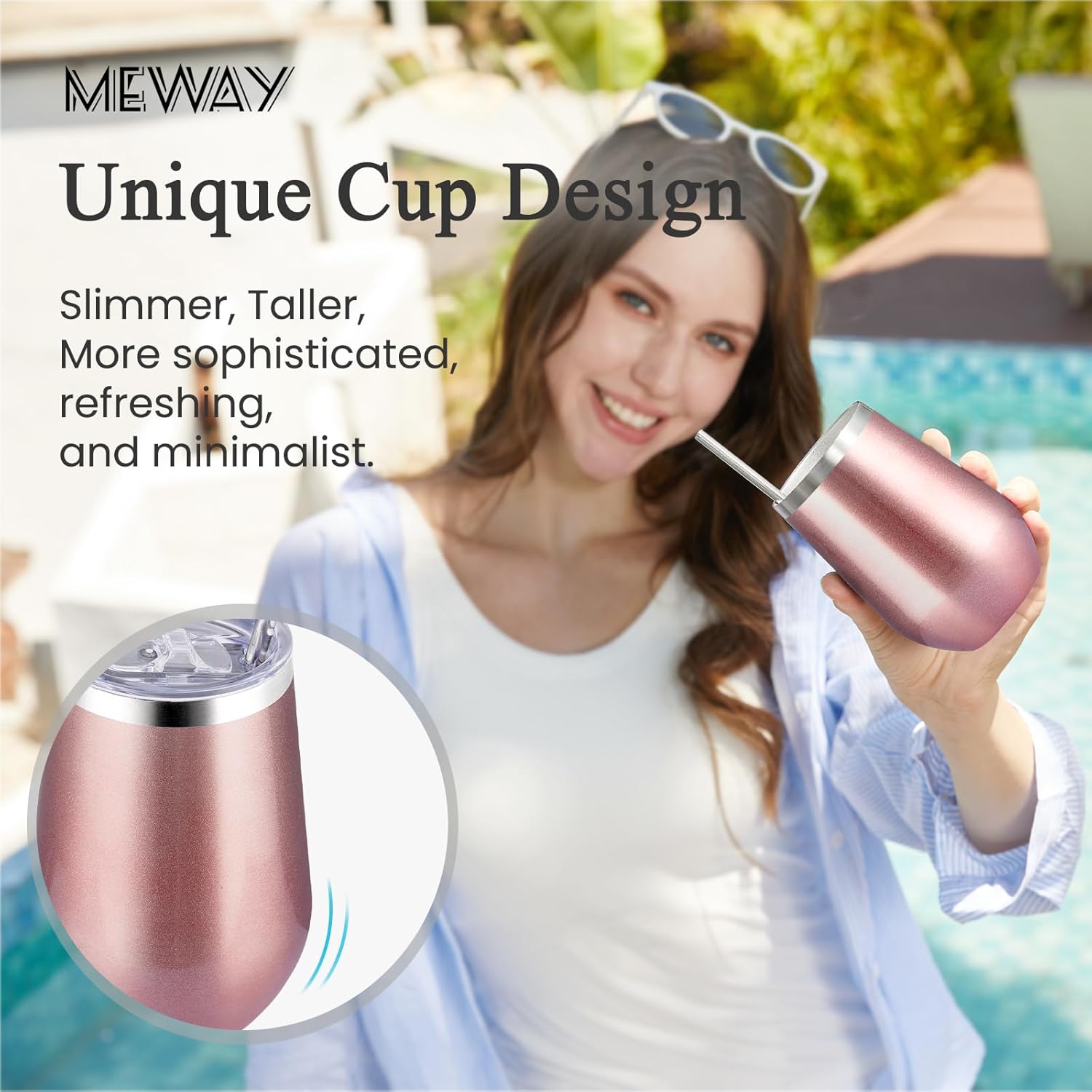 MEWAY Stainless Steel Wine Tumbler with Lid and Straw 12oz - Stemless Insulated Wine Cup Glasses for Coffee,Cocktails,Drinks, and Office Use, Ideal for Parties and Gifts(Rose Gold, Set of 12)
