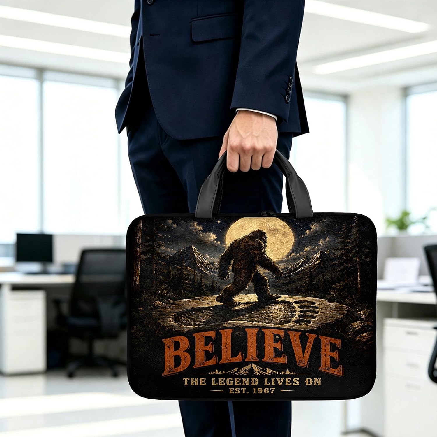 Moon Night Bigfoot Pattern PU Leather Laptop Case Sleeve Bag with Handle image 2