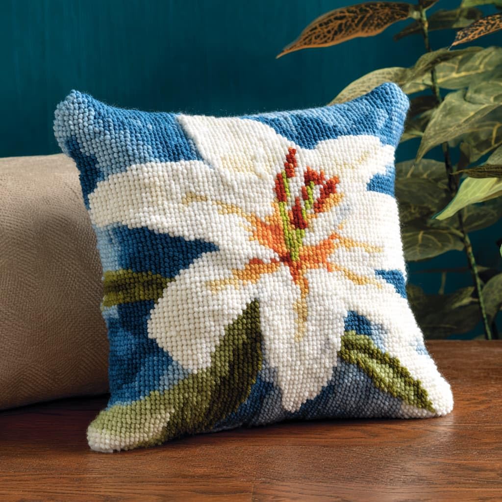 Taxpy Latch Hook Kits, Lily Flowers Pillow Pre-Printed Patterns Pillowcase Needlework Crochet Yarns Latch Hooking Cushion for Sofa Decor 17x17inch
