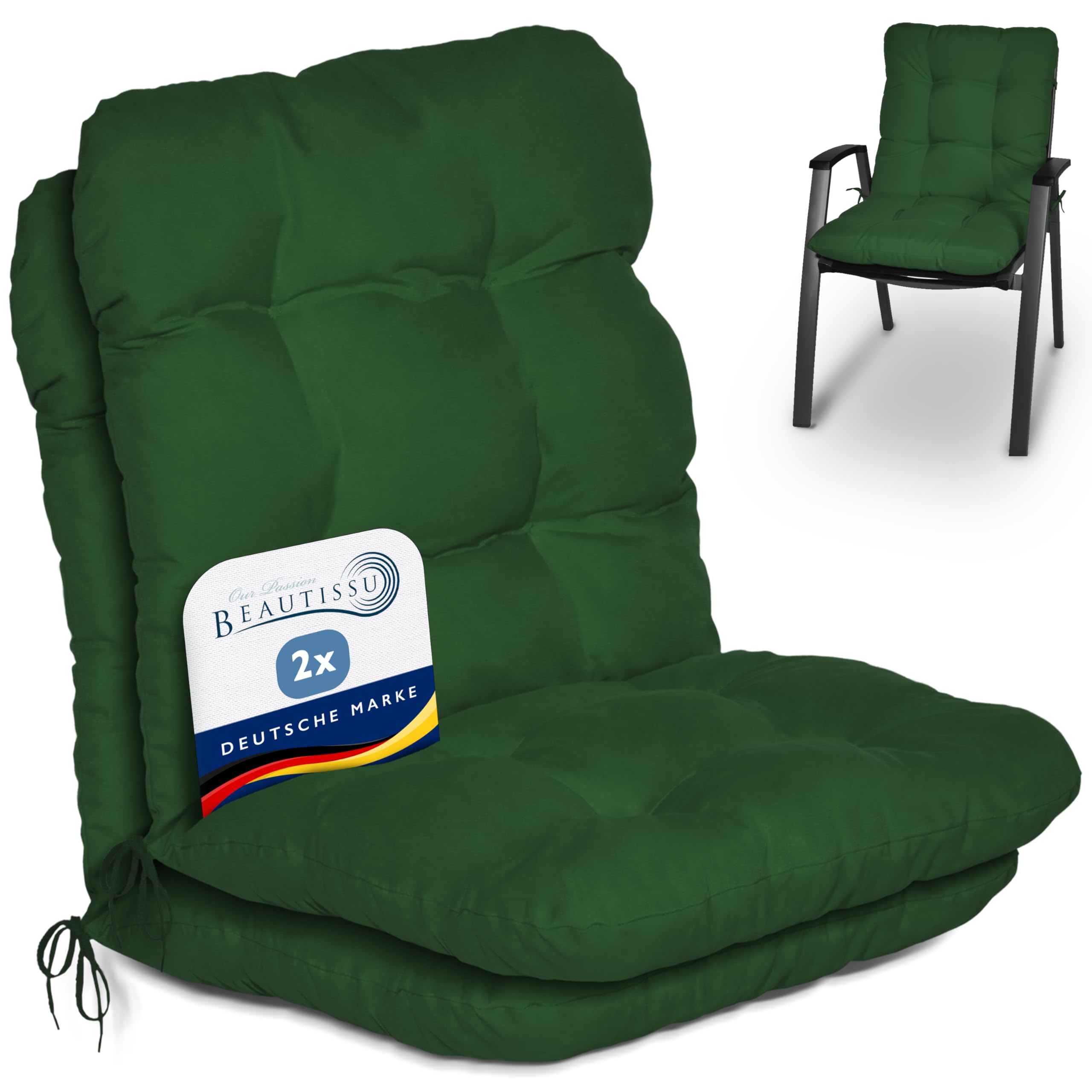 Beautissu 2er Set Niedriglehner Auflagen Stuhlauflage für Gartenstühle | 100x50x8cm Dunkelgrün Sitzkissen Niederlehner Sitzauflagen Stuhlkissen Gartenpolster Kissen Flair NL