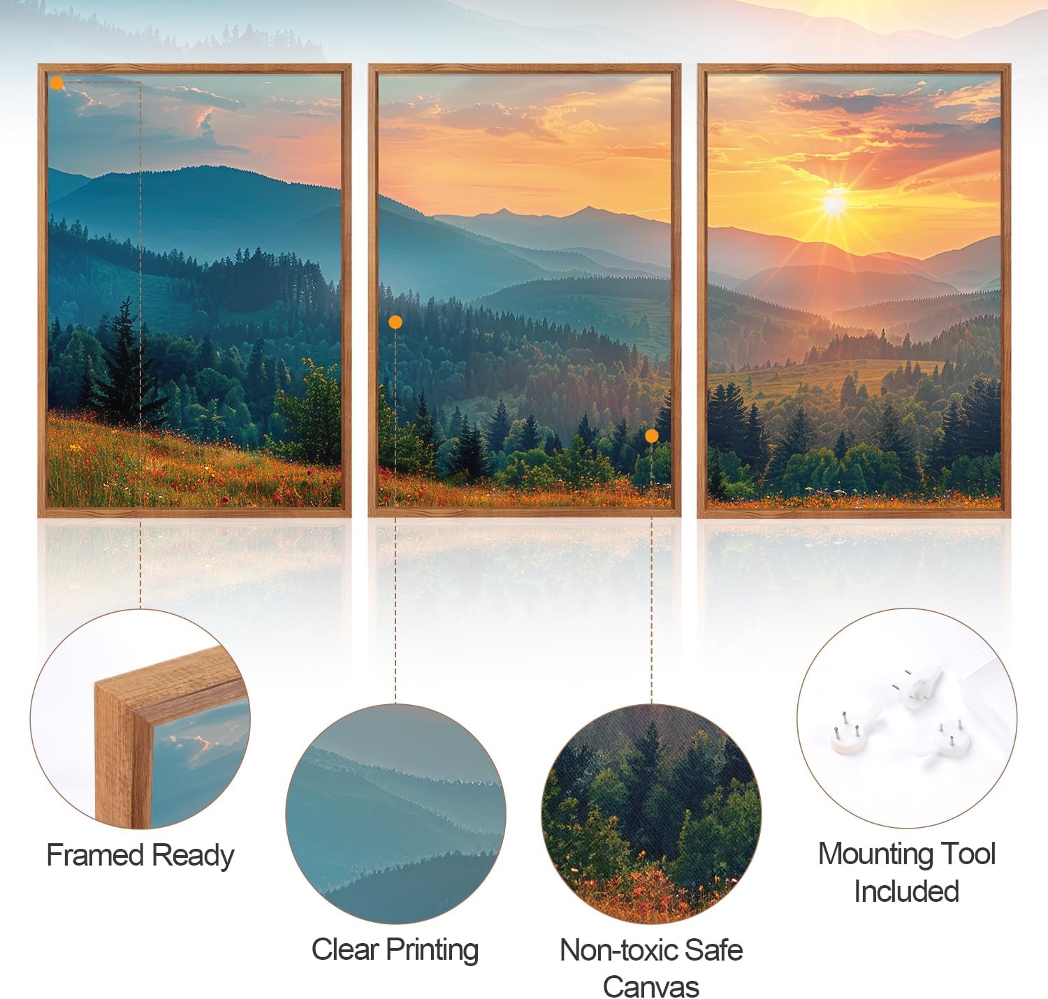 aurlan boho mountain sunset landscape framed wall art(16"x24"), 3pcs green blue ridge grand teton national park canvas artwork, abstract modern watercolor nature forest scenery decor for home office bedroom boho mountain sunset landscape 16"x24",3 pcs