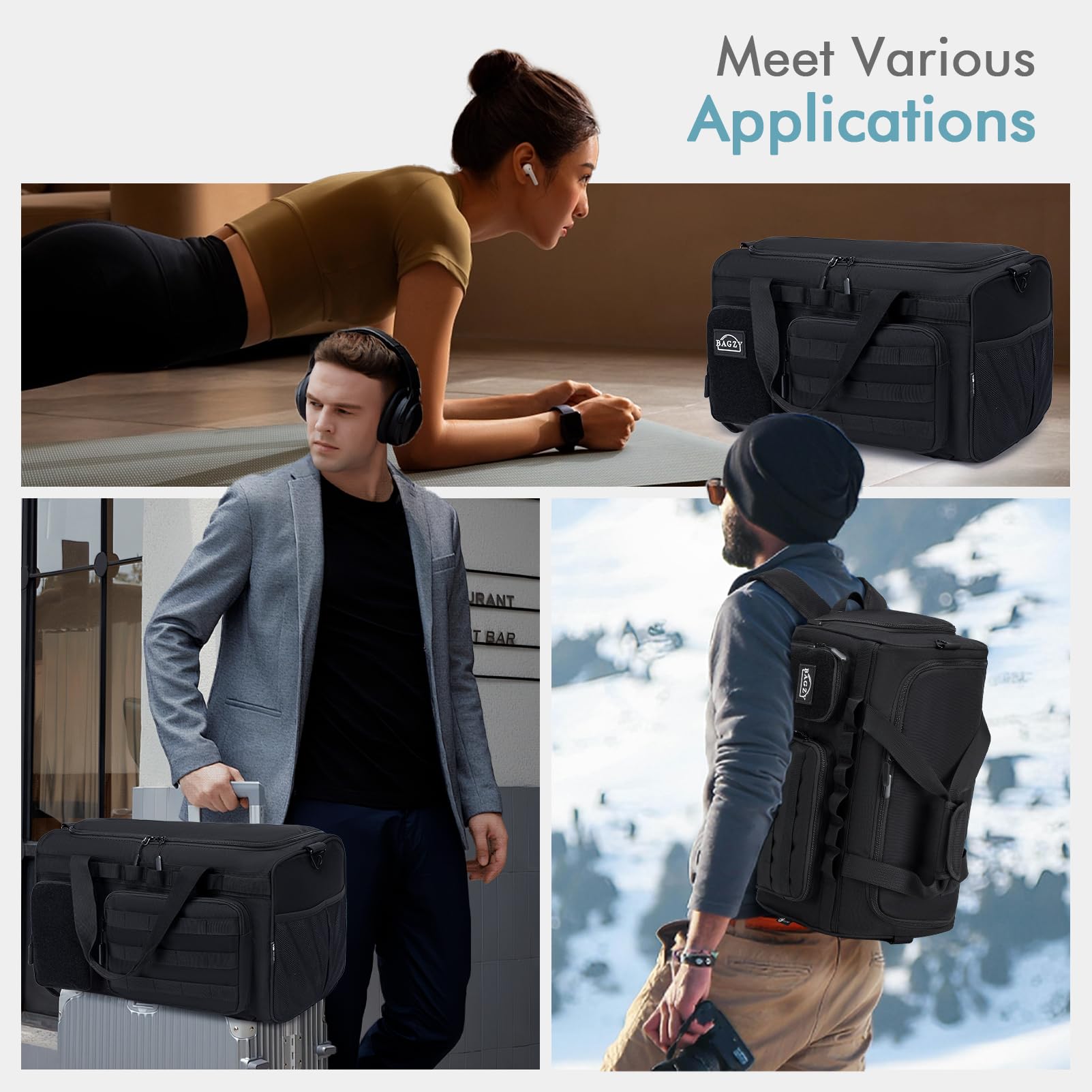 BAGZY Taktischer Reisetasche Sporttasche Herren mit Schuhfach Gym Tasche Rucksack 40L Trainingstasche Herren Für Arbeits Reise Sport Fitness Weekender Zelten mit Taktische Kulturtasche Schwarz