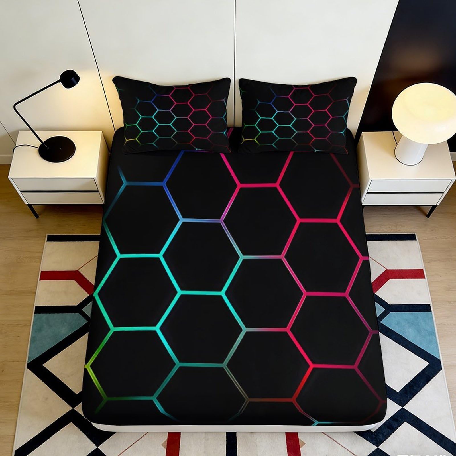Pnayamiorkfel Style-8 3D Printed Neon Hexagon Fitted Sheet Microfiber Soft Breathable Rainbow Grid Bed Cover For Bedroom Guest Room Dorm Decor 90X200x25cm
