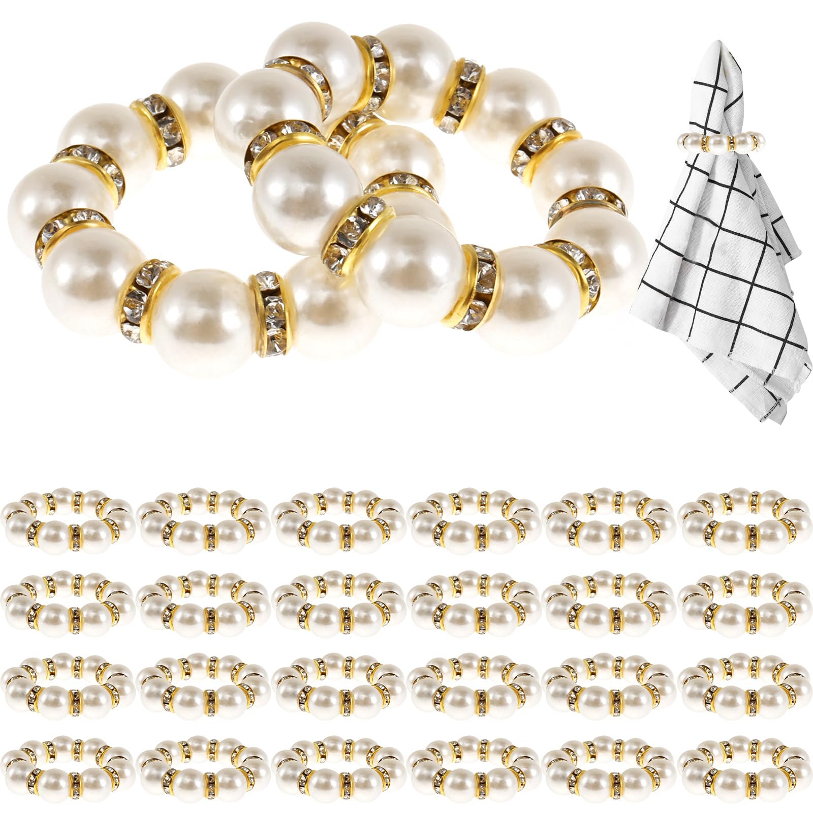 24 Portatovaglioli Con Perle - Eleganti Anelli Con Strass Per Matrimoni
