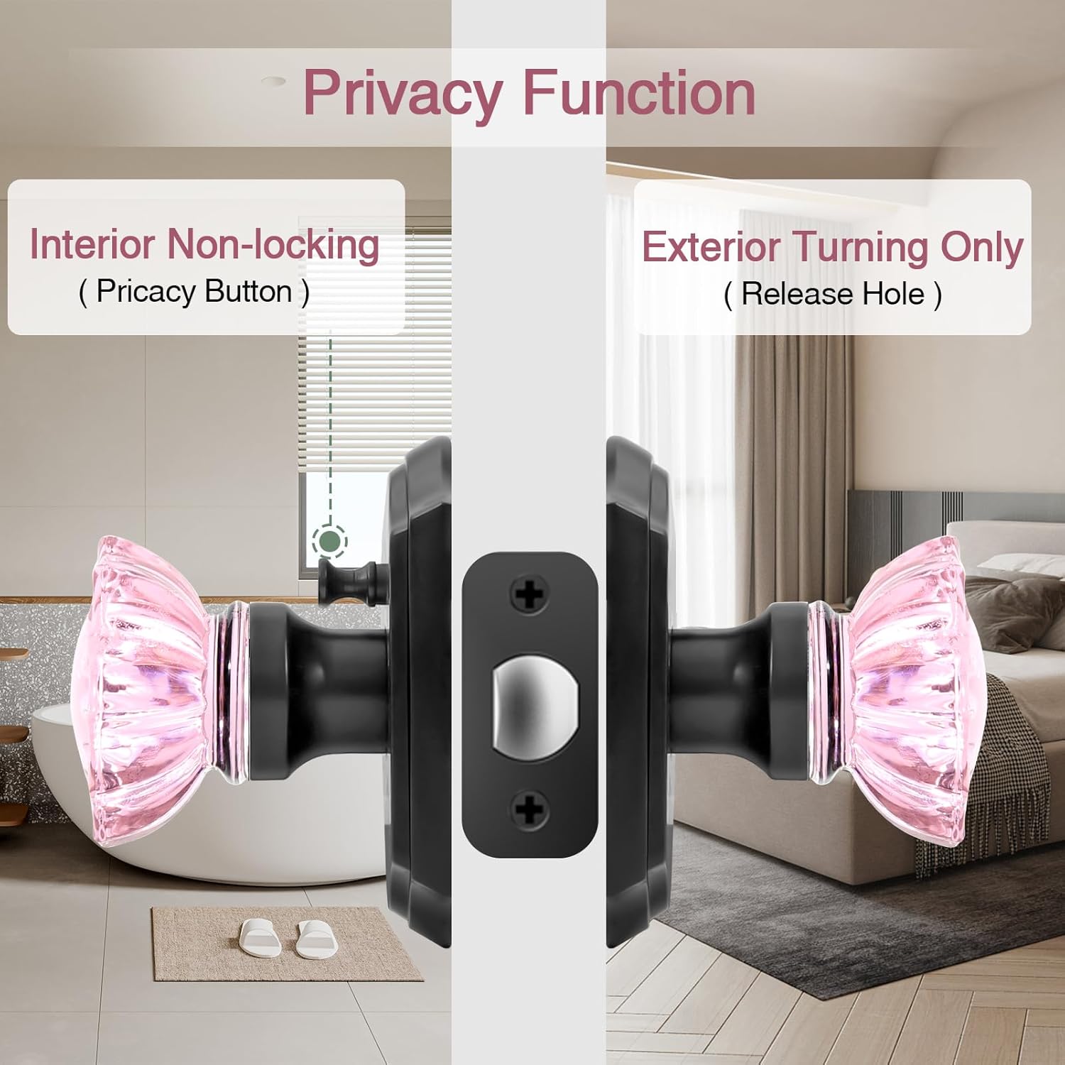 Crystal Door Knobs, Pink Black Glass Door Knobs Interior Rose Shape with Lock Privacy Function, Vintage Antique for Bedroom Bathroom