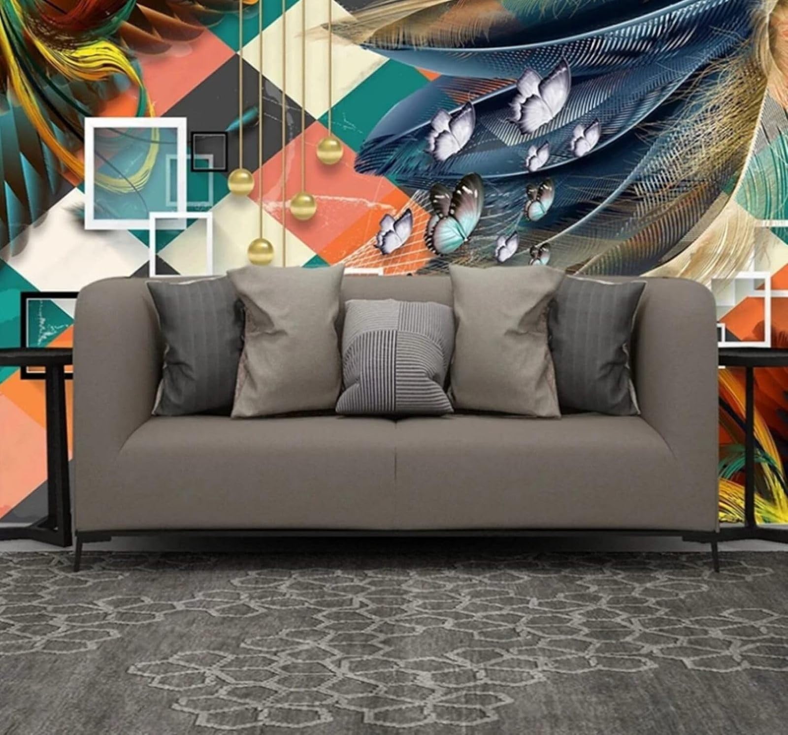 XLMING Multicoloured Geometric Feathers Butterflies Marble Effect 3D Wallpaper Luxury Silk Study Dining Feature Sofa Grey Bedroom Living Room Tv Decorative Wall-250cm×170cm
