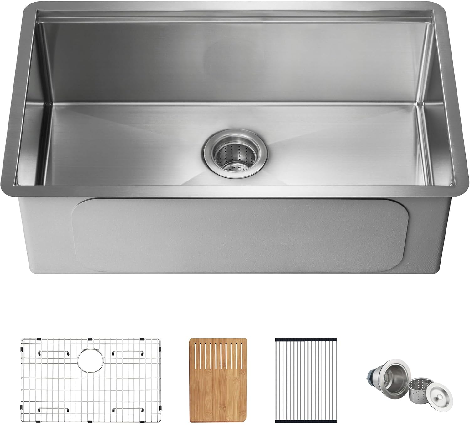 KIBI 30 In Undermount Kitchen Workstation Sink, Single Bowl, Handcrafted 316 Marine Grade Stainless Steel Deep Kitchen Sink with Bottom Grid, Cutting Board & Basket Strainer, Modern Farmhouse, K3-S30T