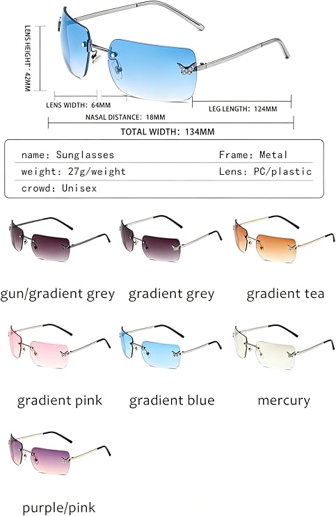 Y2K Rectangle Sunglasses for Women & Men - Rimless Tinted Lenses, UV400 Protection, Lightweight Comfort - Perfect for Driving & Street Fashion