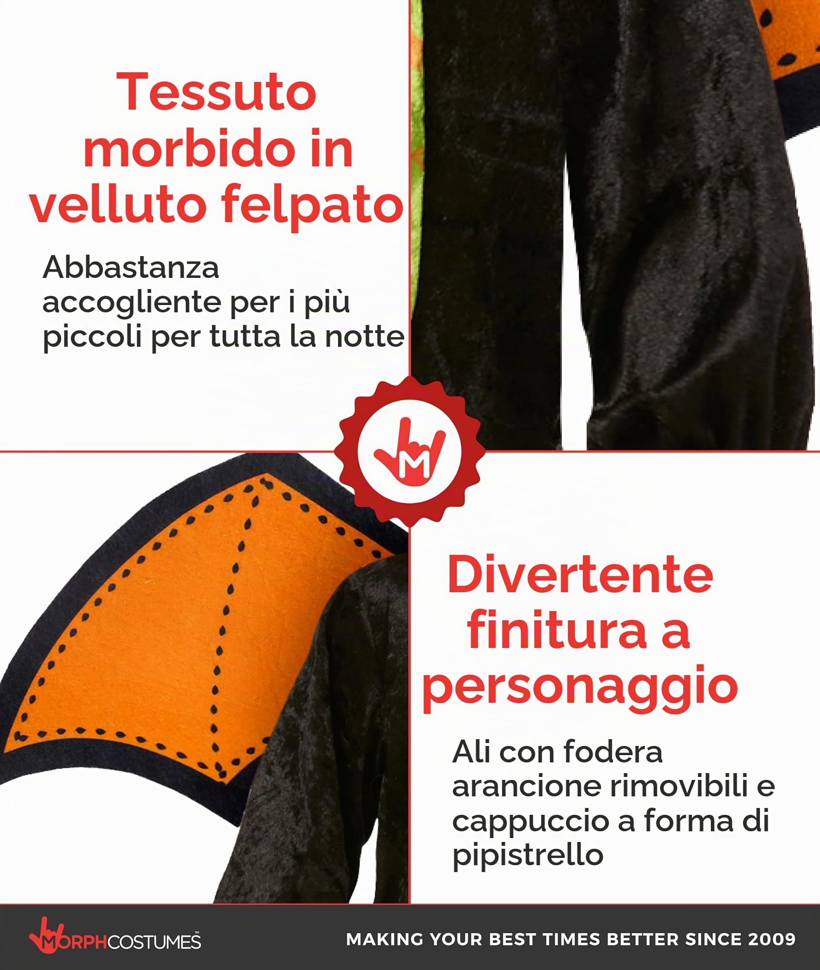 Morph Costume Pipistrello Bambino, Costume Halloween Nero | Body, Cappuccio, Ali & Copriscarpe, Design Nero e Verde, Perfetto per Halloween, Ideale per il Gioco di Ruolo