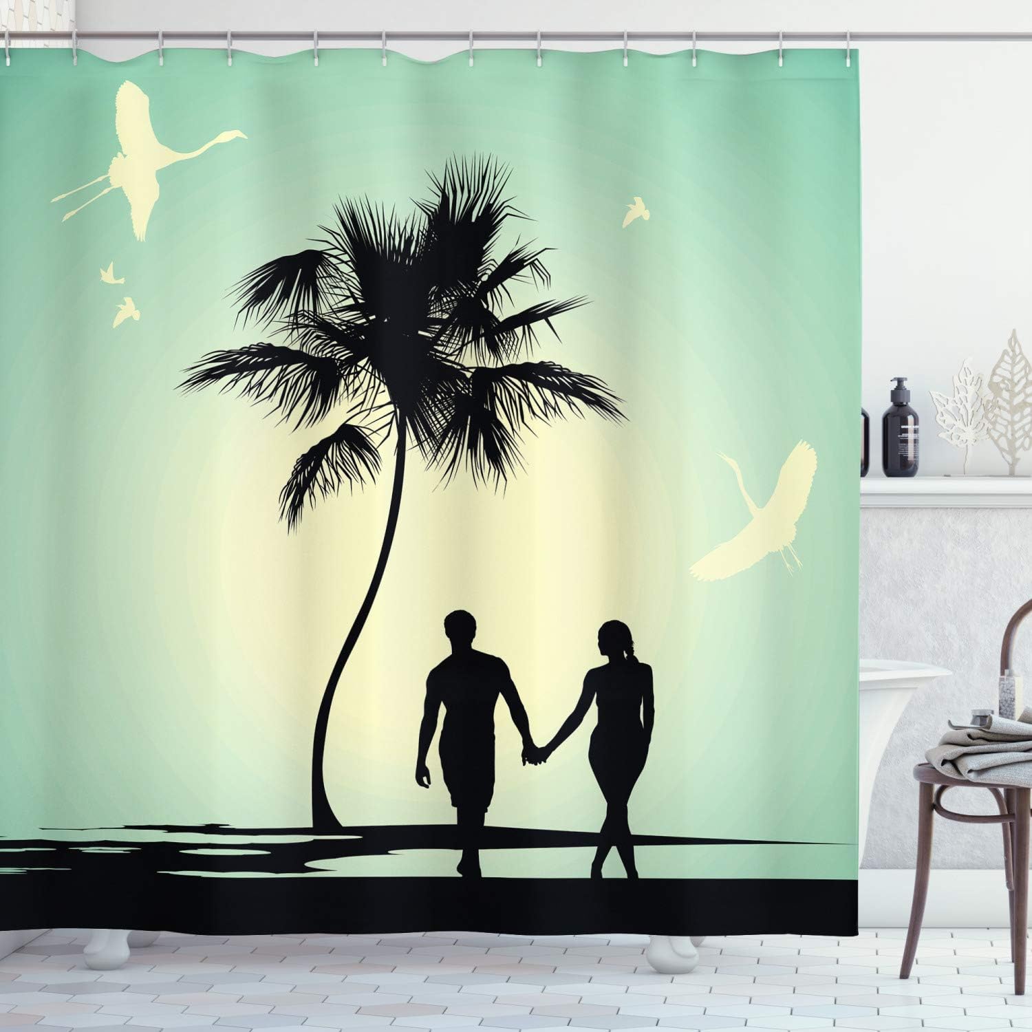 Ambesonne Romantic Shower Curtain, Married Couple Walking on The Beach with Tropical Fauna and Flora, Cloth Fabric Bathroom Decor Set with Hooks, 69" W x 75" L, Pale Green