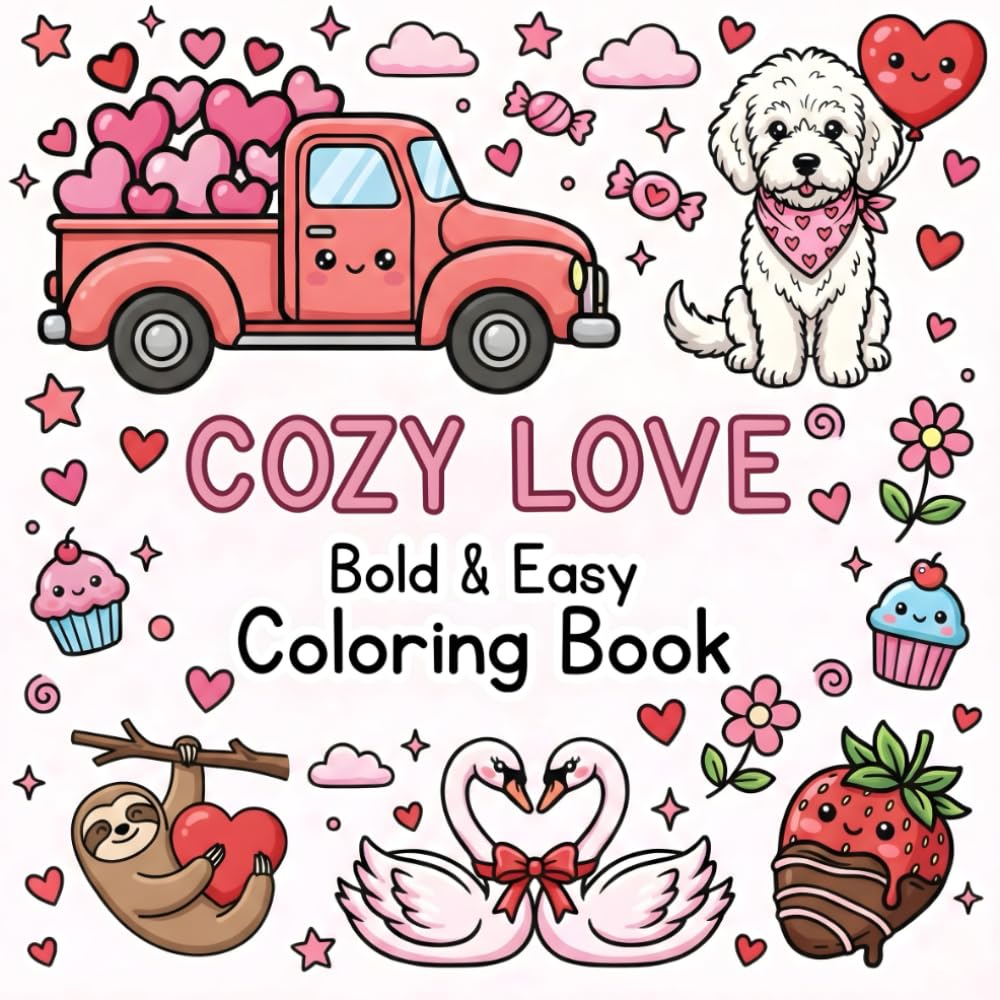 Cozy Valentine’s Day Bold & Easy Coloring Book: Simple and Relaxing Large Print Coloring Book for Adults, Teens, and Kids Featuring Cute Animals, ... and Heartwarming Scenes for Stress Relief