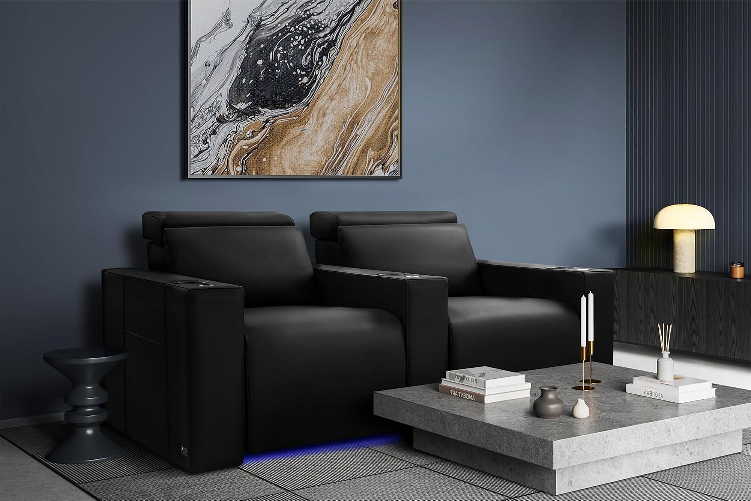 Valencia Barcelona Home Theater Seating | Italian Nappa Leather 11000, Motorized Headrest, Low-Profile, Low-Rise Seat Backrest, (Row of 2 Loveseat, Midnight Black)