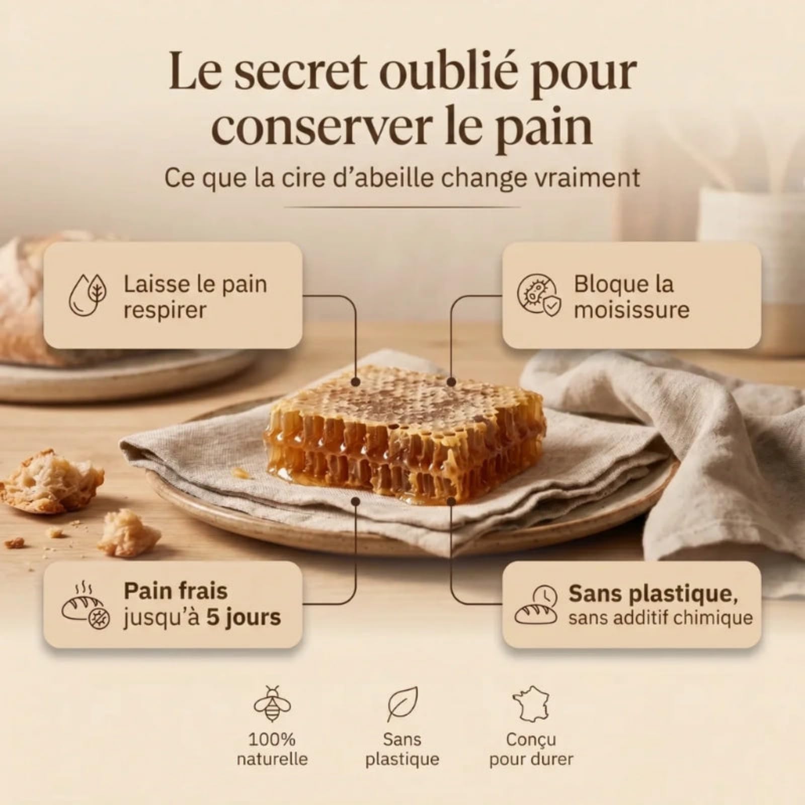 La Maison de Louise Sac a Pain,Sac à Pain La Maison de Louise,Sac à Pain en Cire d'Abeille Réutilisable,Sac de Conservation en Coton Naturel 43×33cm,Réutilisation,Conservation Longue Durée