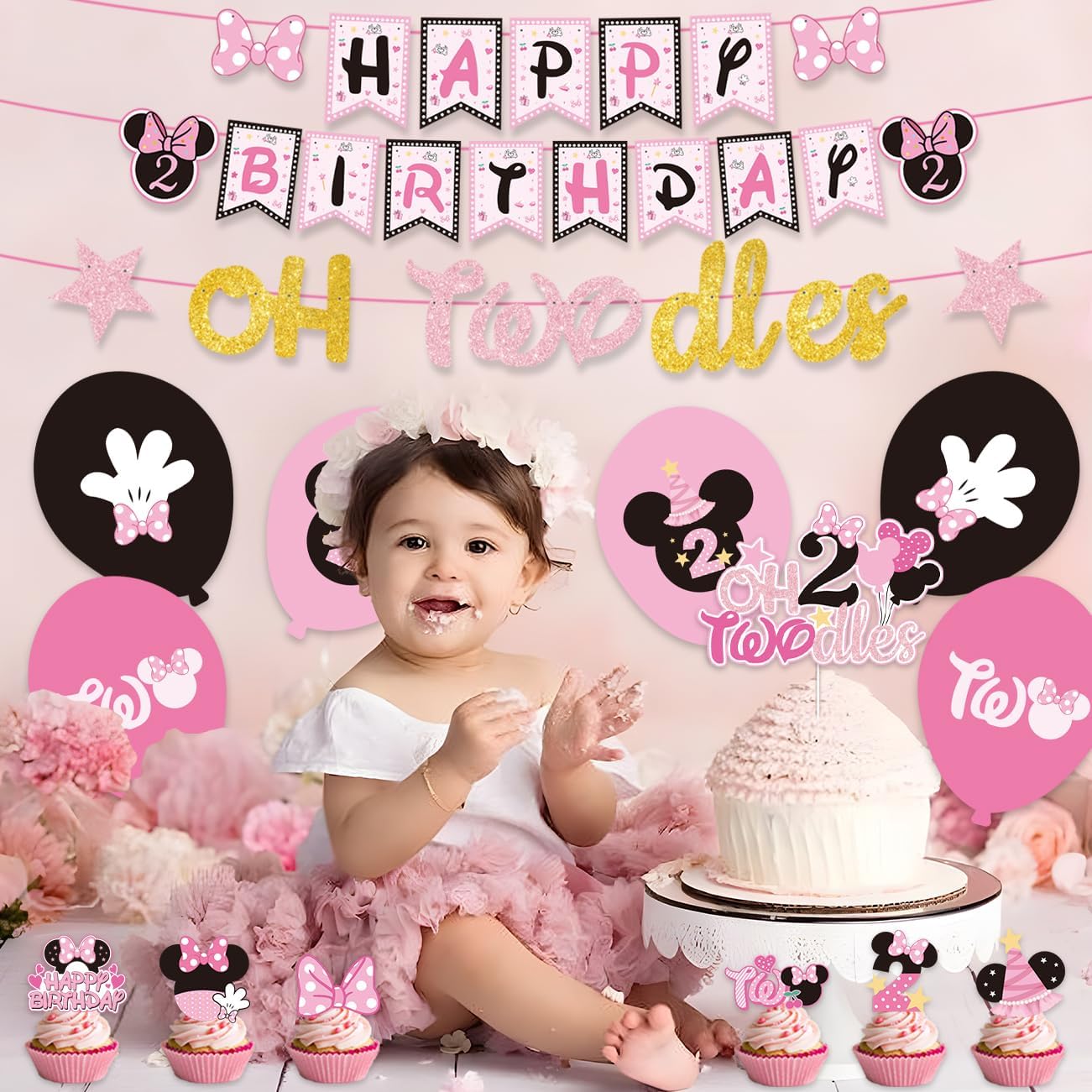 108Pcs Pink Mouse Birthday Decorations Tableware Oh Twodles Birthday Party Supplies Include Banner Plates Napkins Cups Balloons Cupcake Toppers Cake Topper and Waterproof Tablecloth