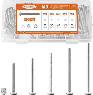 M3 x 30mm 35mm 40mm 45mm 50mm Flat Round Head Hex Socket Cap Screws Bolts, Furniture Screws, 304 Stainless Steel, Metric Fully Threaded, Allen Hex Drive, Bright Finish, Assortment Kit 100PCS