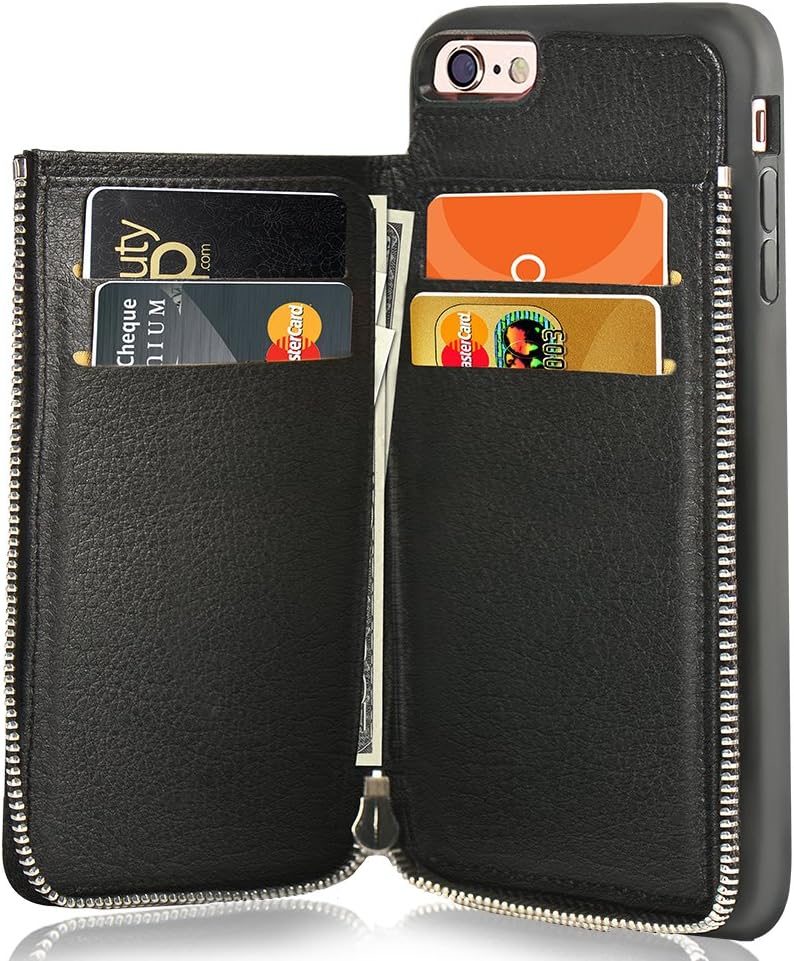 LAMEEKU iPhone 6 Wallet Case, iPhone 6s Card Holder Case, Shockproof iPhone 6 Leather Cases with Credit Card Slot Zipper Wallet Purse Money Pockets, Protective Cover for Apple iPhone 6/6s- Black