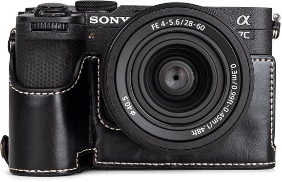 MUZIRI KINOKOO Sony A7C II Case - Premium PU Leather Half Case with Hand Grip & Opening Bottom - Perfect Compatible for Sony Alpha 7C II/A7C II/A7C Mark II Cameras - Black