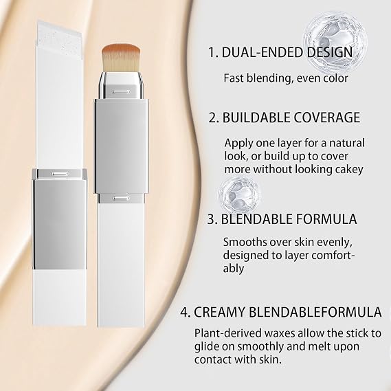 Color Changing Foundation Stick, Cover Cream Stick V White Foundation Stick with Brush Head, Full To Medium Coverage Base Makeup,Full Coverage Concealer for All Skin Types (IVORY WHITE)