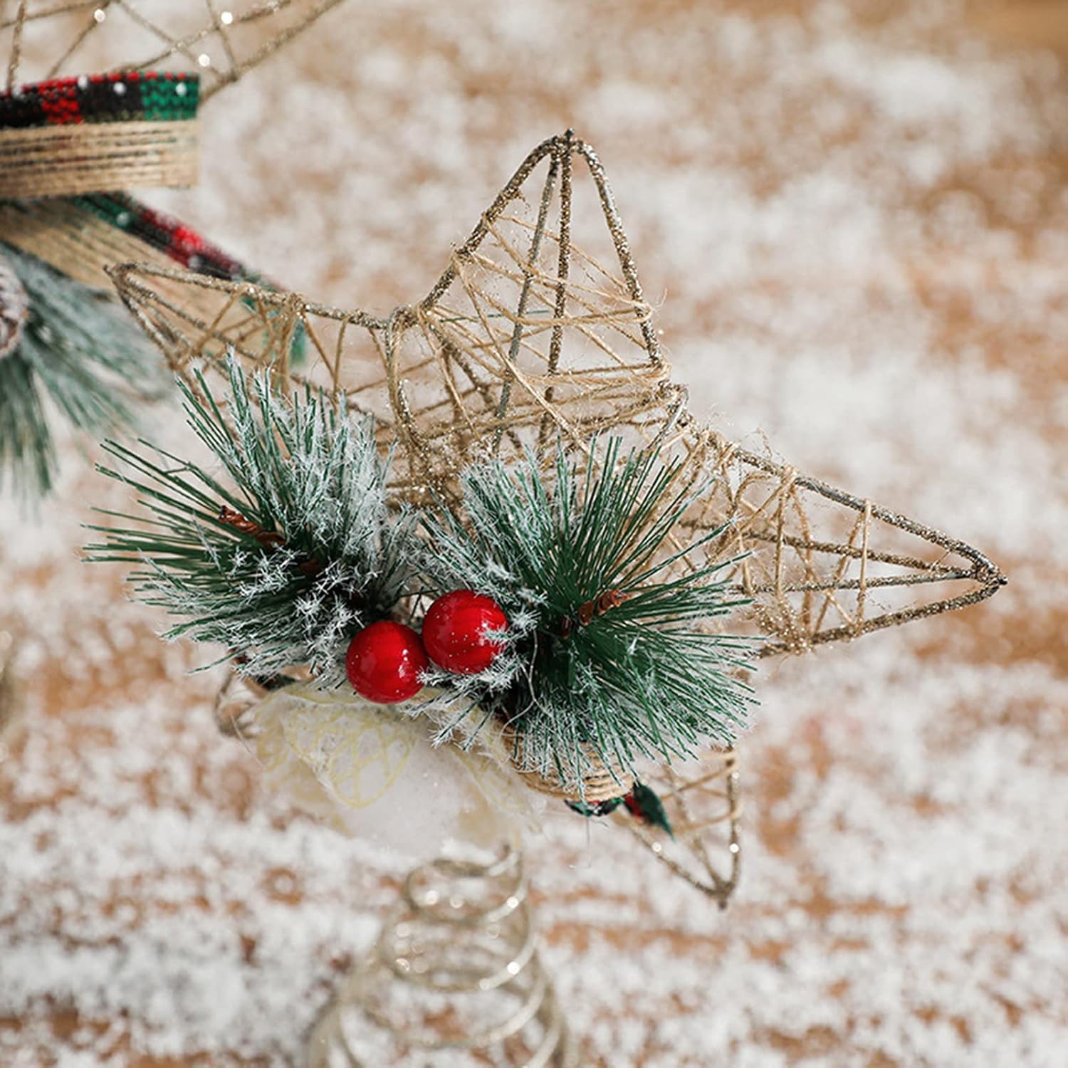 Árbol de Navidad Topper estrella iluminada árbol T Adorno for árbol de Navidad, estrella de Metal con purpurina, adorno for árbol con bayas rojas y ramas de pino, adornos rústicos naturales for copa d
