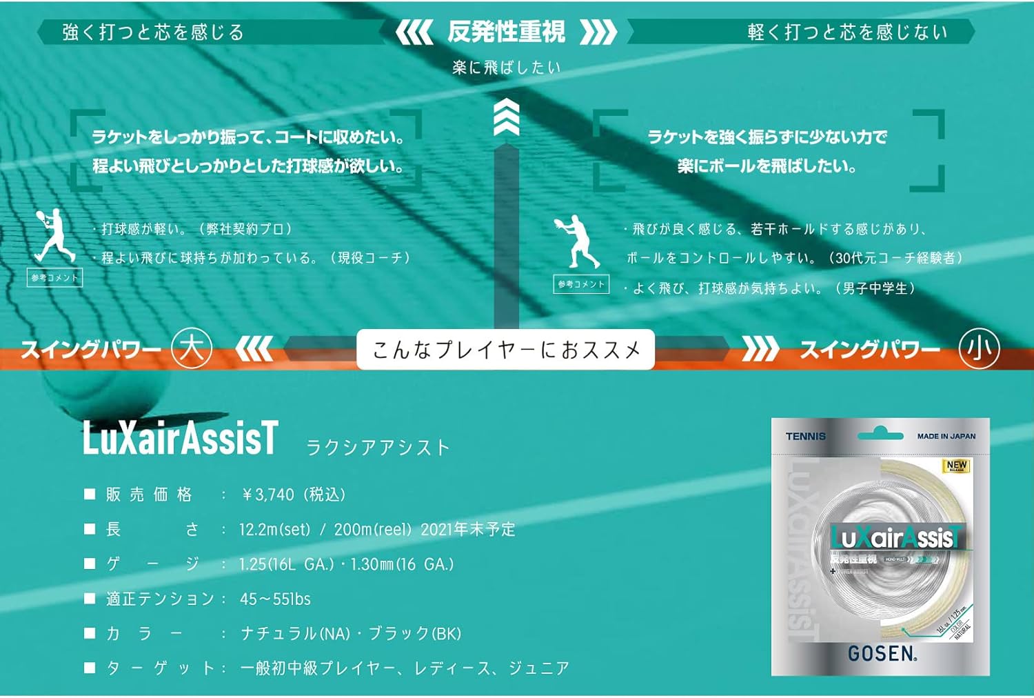 GOSEN LuXair Assist, Natural Good Control and Tension Retention, Multifilament Tennis String