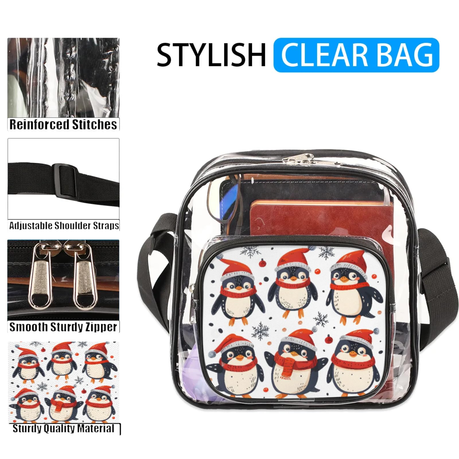 Clear Crossbody Bag Stadium Approved Cute Penguins Transparent Bag for Festivals, Sports Events, Concerts,Beach Bag for Women Men Clear Purse with Front Pocket Messenger Bag with Adjustable Strap