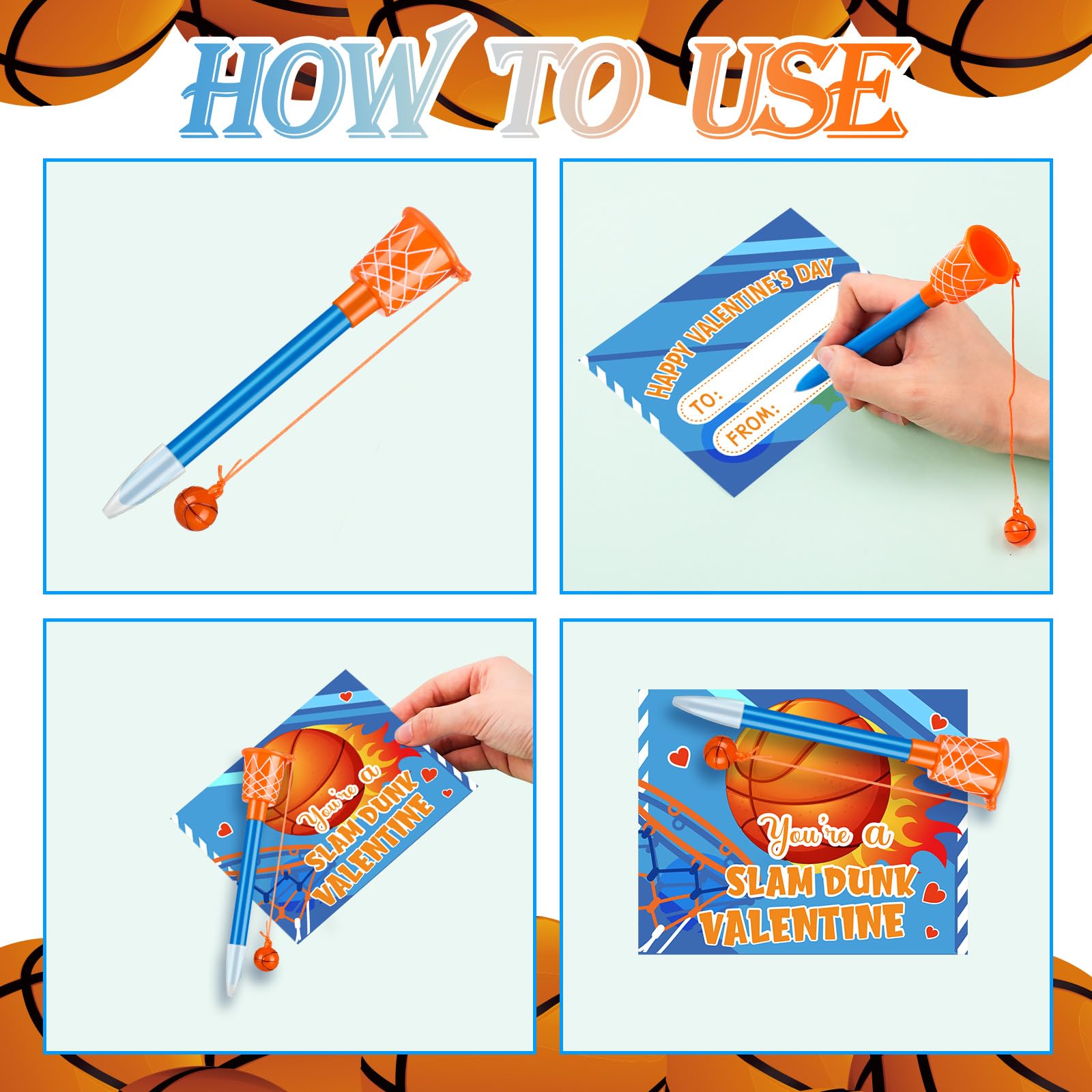 Skyygemm 30 Set Valentine's Day Basketball Hoop Pens with Gift Card for Kid Valentine's Day Classroom Exchange Gift School Sports Basketball Novelty Ballpoint for School Sports Party Favor