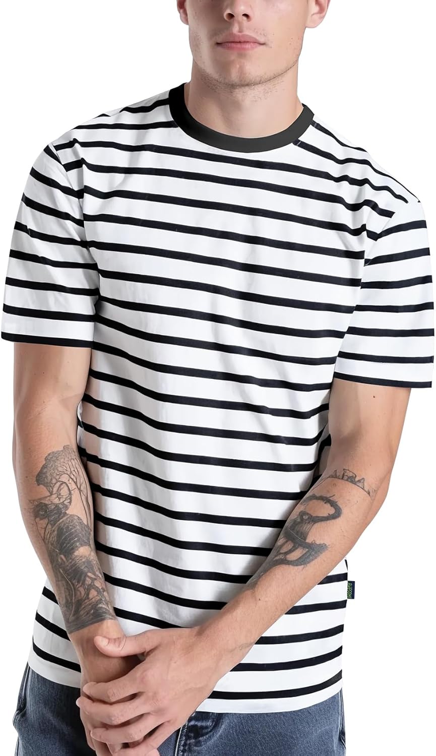 Zengjo Mens Striped T Shirt Short/Long Sleeve Crewneck Tee