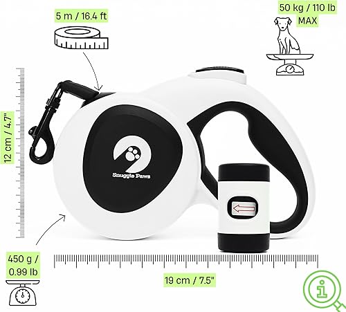 Miniatura 7 de Snuggle Paws - Correa retráctil todo en uno para perro de 16 pies, linterna LED, soporte para bolsa de excrementos, cable a prueba de masticación,