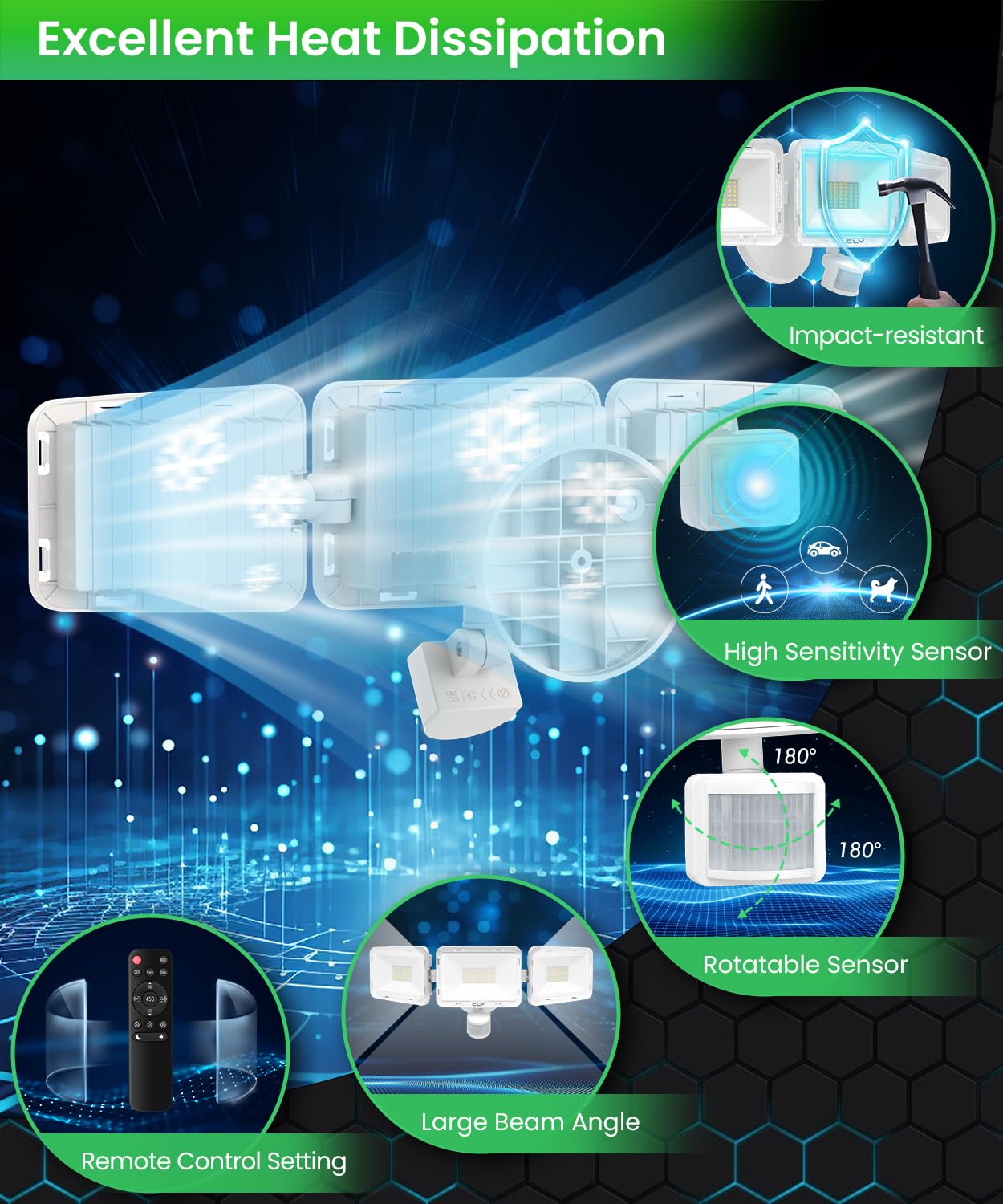 CLY 70W Projecteur Led Exterieur Detecteur De Mouvement Et Télécommande | CLY Eclairage Exterieur Avec Detecteur 6580LM Spot Led Extérieur Avec Détecteur Blanc Froid 6500K Étanche IP66 Pour Garage