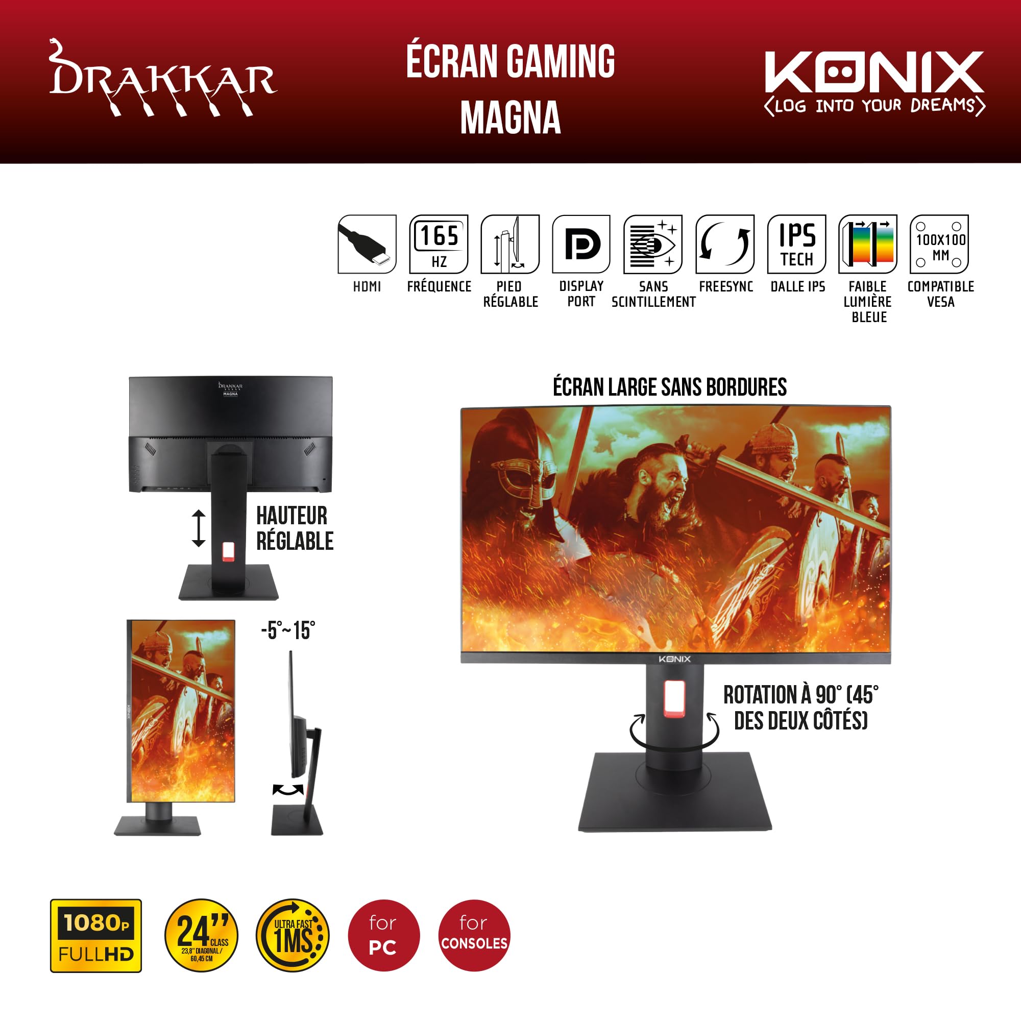 Konix Drakkar Pantalla Gaming Magna 24" PC, PS4, PS5, Switch y Xbox - Resolución FHD 1080 px - Frecuencia 165 Hz - Tiempo Respuesta 1 ms - Panel IPS