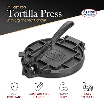 Alpine Cuisine Heavy Duty 7 Cast Iron Tortilla Press | Pataconera & Quesadilla Maker with Comfortable Handle for Corn & Flour Tortillas
