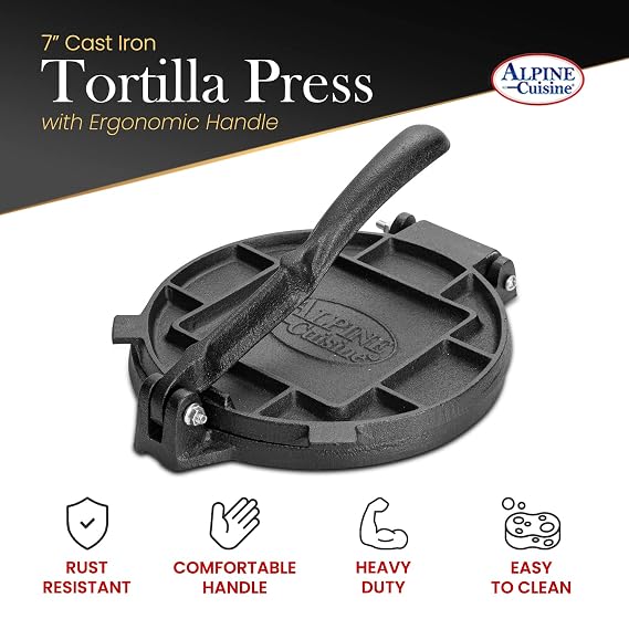 Alpine Cuisine Heavy Duty 7 Cast Iron Tortilla Press | Pataconera & Quesadilla Maker with Comfortable Handle for Corn & Flour Tortillas