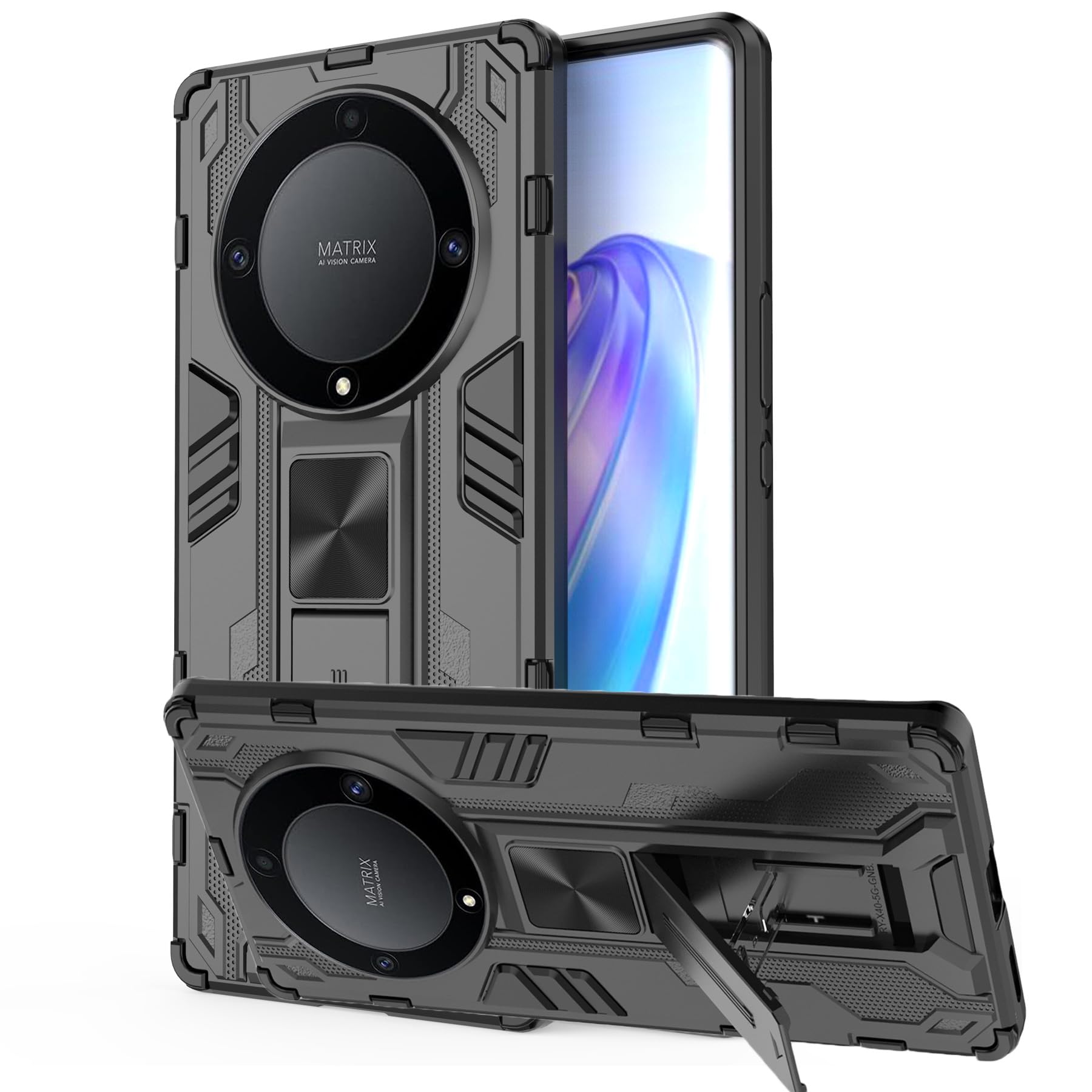 YXINDAFU Cover Honor Magic 5 Lite 5G,Dual Layer Antiurto Case [ Silicone TPU e Duro PC Armor Bumper] Con collasso Supporto Protezione Custodia Cover per Honor Magic 5 Lite 5G,Nero