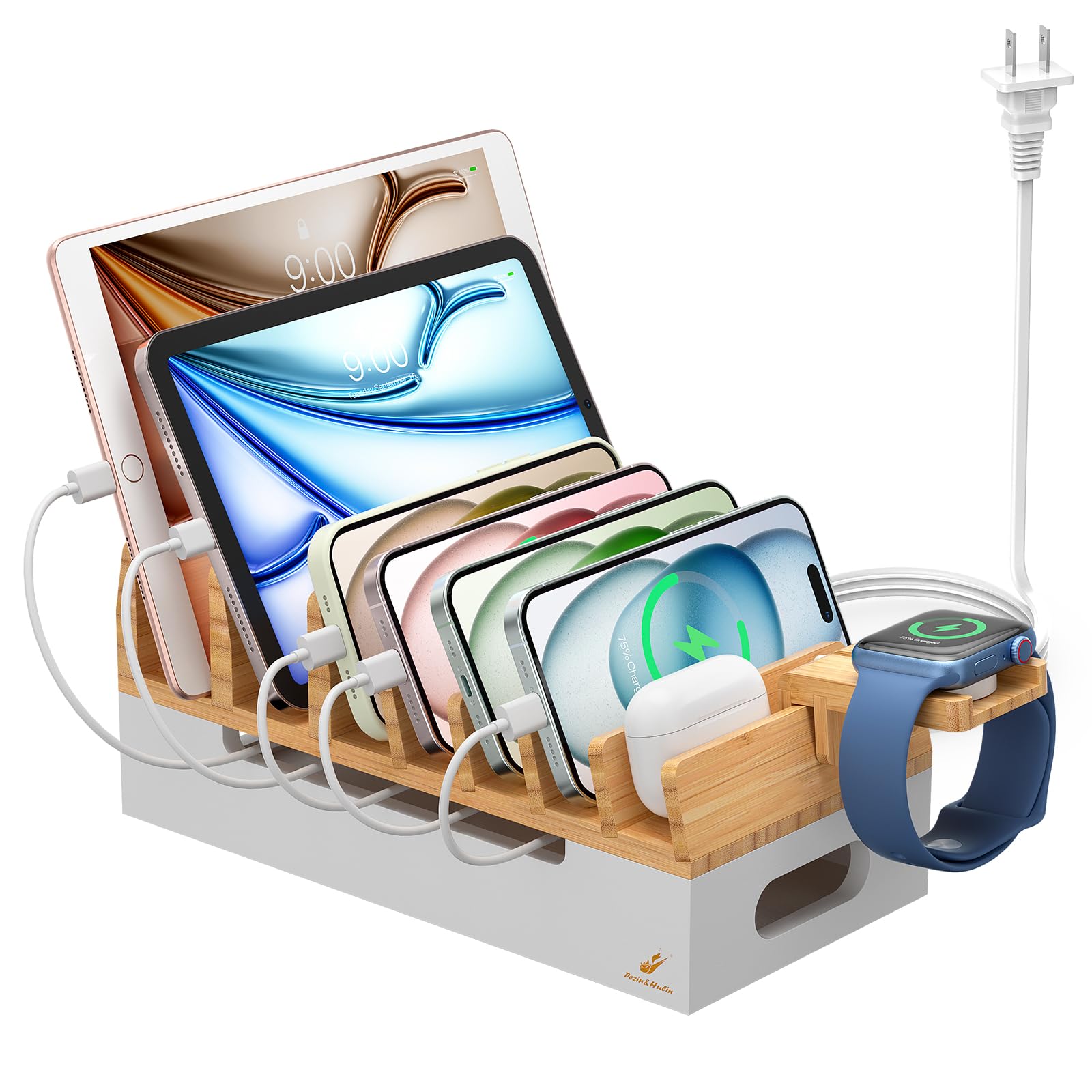 Pezin & Hulin Station de charge en bambou avec support de montre, support d'accueil pour appareils multiples avec hub de chargeur USB, 5 câbles de charge, organiseur électronique de bureau pour