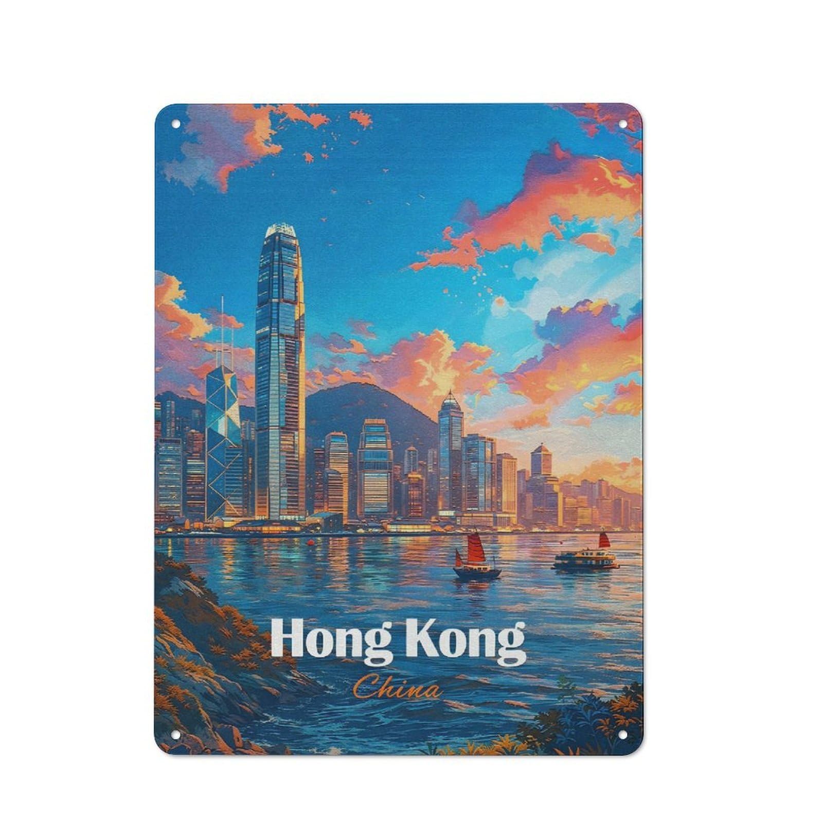 Junmoney Style-2 Decorative Tin Plaque With Hong Kong Skyline At Sunset(2) Design 40X30cm, Nostalgic Home Bar Decor For Bar, Kitchen, Garage Or Games Room