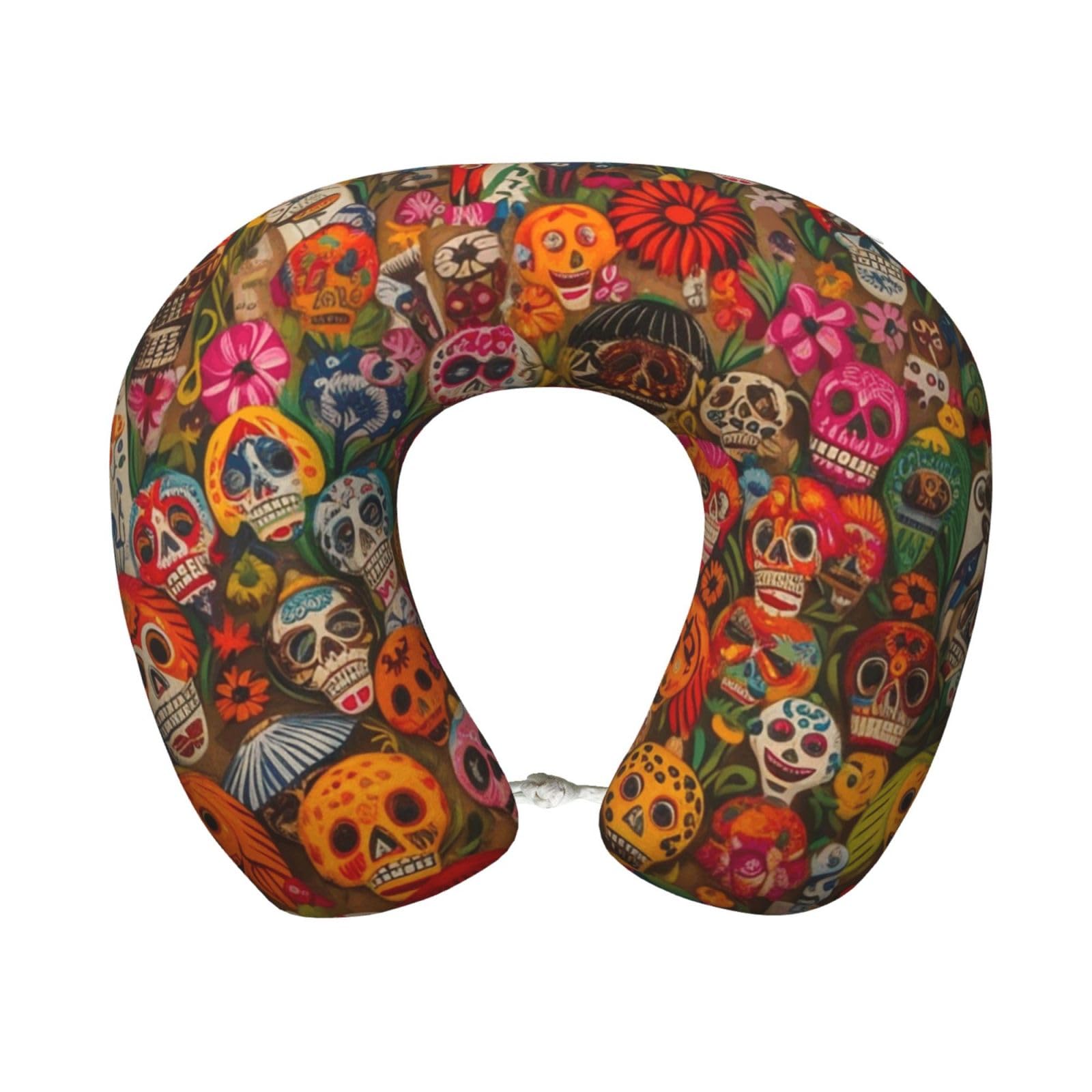 peiyeety Mexican Folk Art Travel Pillow Memory Foam - Comfortable U Shape Neck Pillows for Sleeping, Neck and Head Support Portable Airplane Pillow Adjustable Flight Pillow, Washable Cover