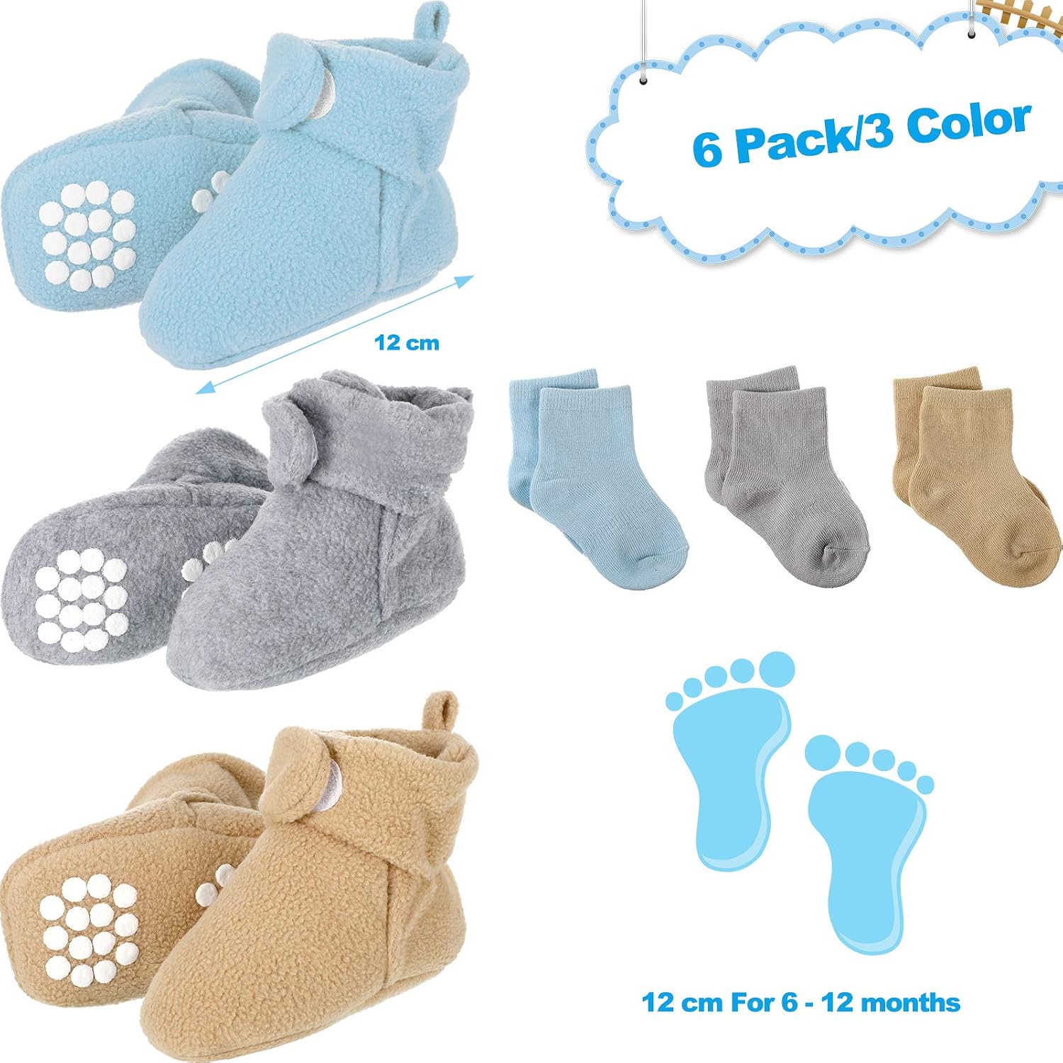 SATINIOR 3 Pairs Unisex Cozy Fleece Baby Booties with 3 Pairs Infant Cotton Socks