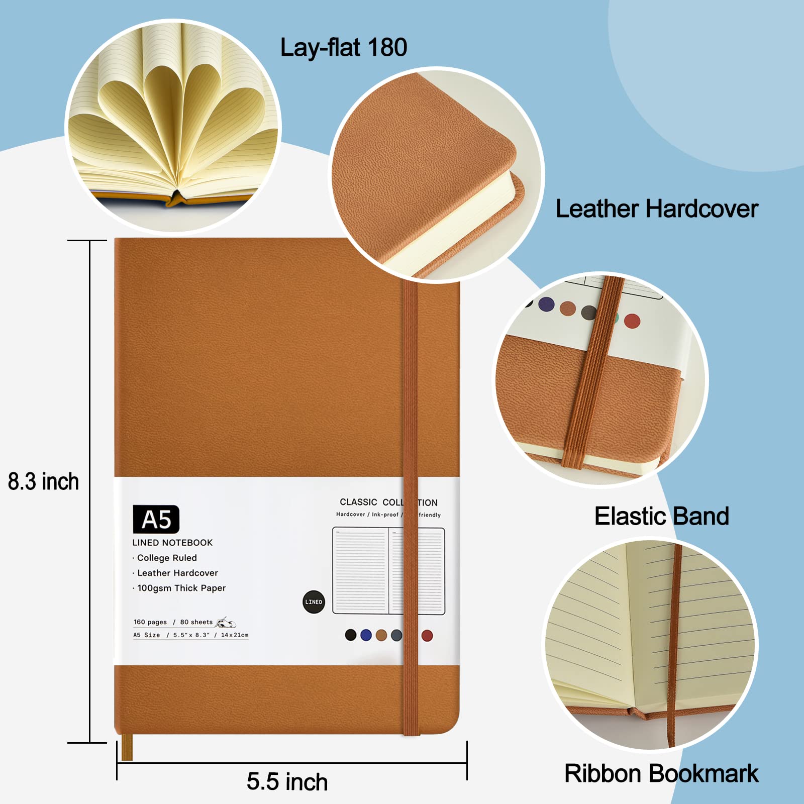 Mototo Quaderni universitari a righe, in pelle, copertina rigida, a righe, per ufficio, scuola, casa, lavoro, 21,1 x 14 cm, carta spessa 100 g/m², 160 pagine (multicolore, A5)
