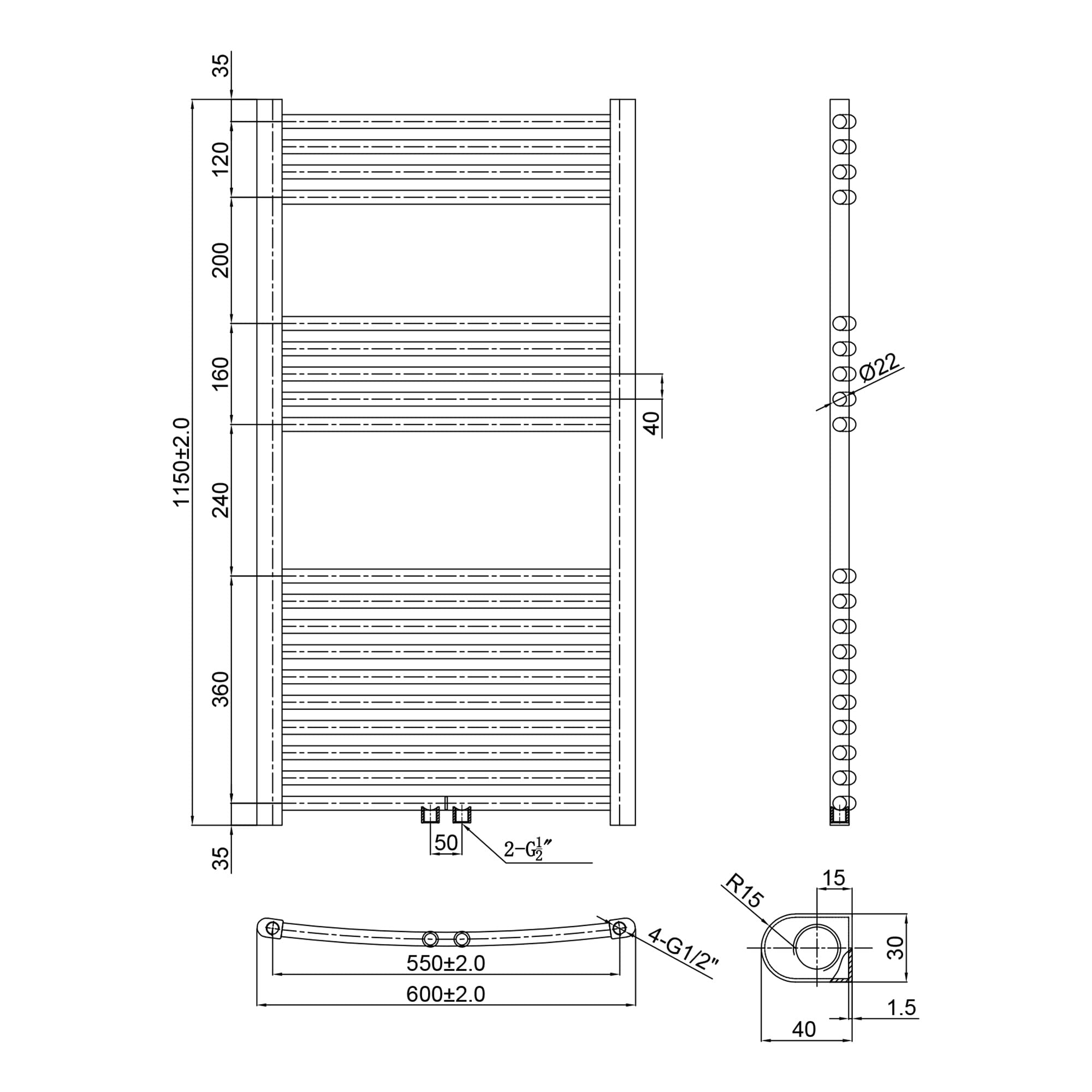 SONNI Grzejnik łazienkowy elektryczny z termostatem i blokiem multiblokowym, 1150 x 600 mm, biały, wygięty, do suszarki na ręczniki, przyłącze środkowe, owalny ogrzewacz do łazienki, ogrzewania, 600 W