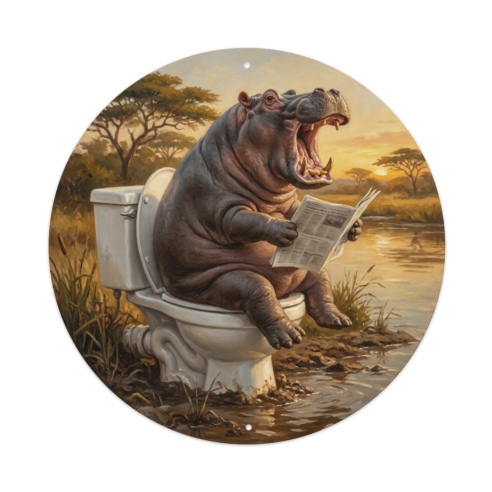 Hippo On Toilet Humorous Bathroom Muddy River Bank Metal Tin Sign