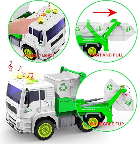 Miniatura 4 de Gizmovine Juguetes para camiones de basura paquete de 2 juguetes para camiones de basura con luz y sonido juego de juguetes para camiones de