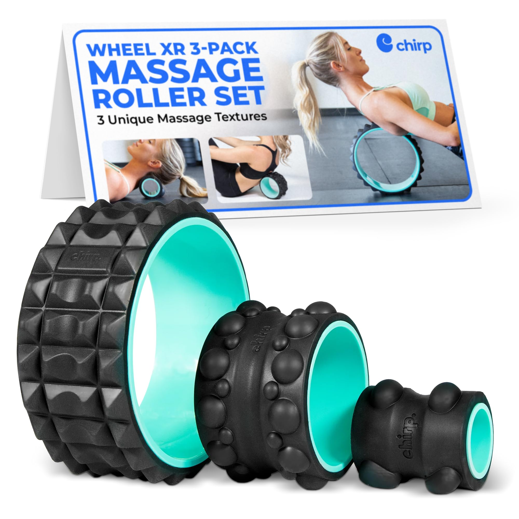 Chirp Wheel XR 3-Pack - 10” Acupressure, 6” Knot-Kneading Thumb, 4” Neck & Headache Relief, High Density Foam Massage Roller Set for Deep Tissue Back Roller & Muscle Therapy, Supports 500lbs, Mint
