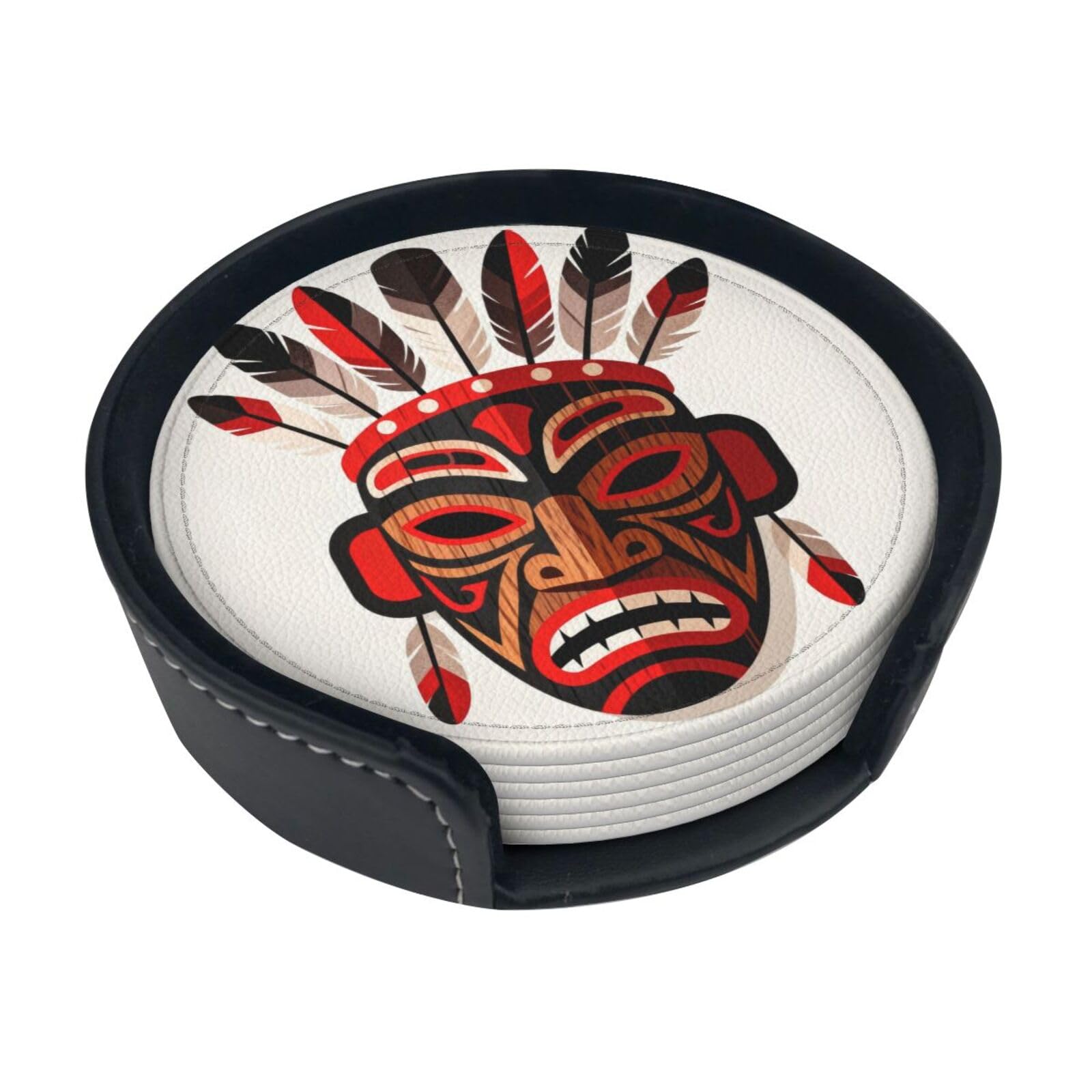 Cntdbu White Mask Leather Coasters Set Of 6-Pu Leather Drink Mats For Table, Heat Resistant Round Coasters With Holder