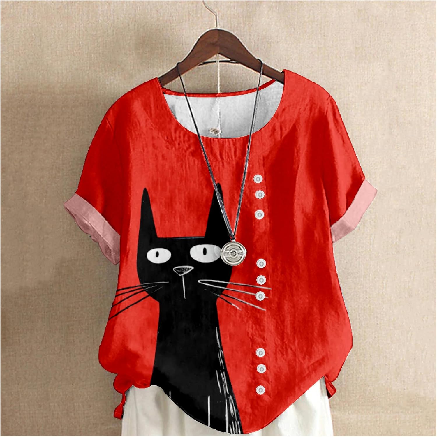 Cotton Linen Tops Womens Cute Cat Printed Short Sleeve Crewneck Casual Trendy Blouses Summer Retro Shirts - Image 2
